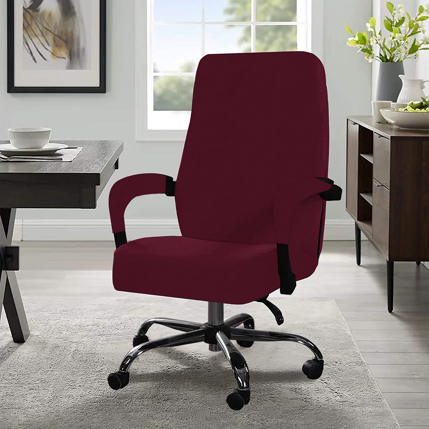 Stretchable Velvet Office Chair Cover - Removable & Washable Universal Elastic Slipcover for Computer, High Back & Rotating Chairs - Modern Simplism Design (Red Wine, Large) - Perfect for Home Office, Gaming & Workspace Decor