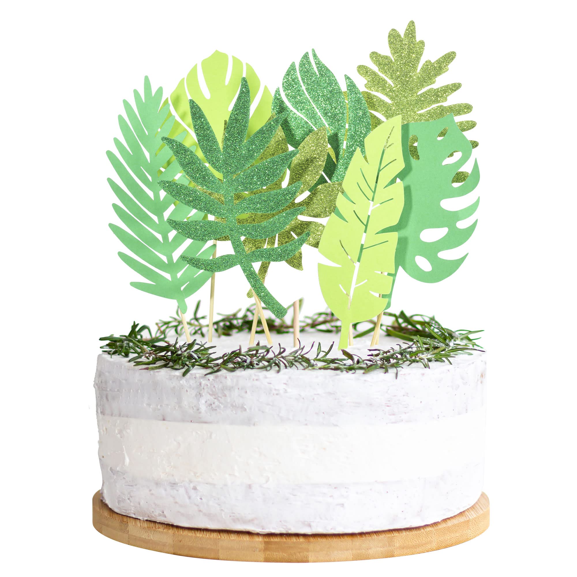 16Pcs Glitter Tropical Leaves Cake Toppers - Palm Leaf & Greenery Wedding Cake Decorations for Jungle Theme Birthday Party, Safari Baby Shower, Tropical Party Decor - Perfect for DIY Cakes, Cupcakes, and Dessert Table Centerpieces