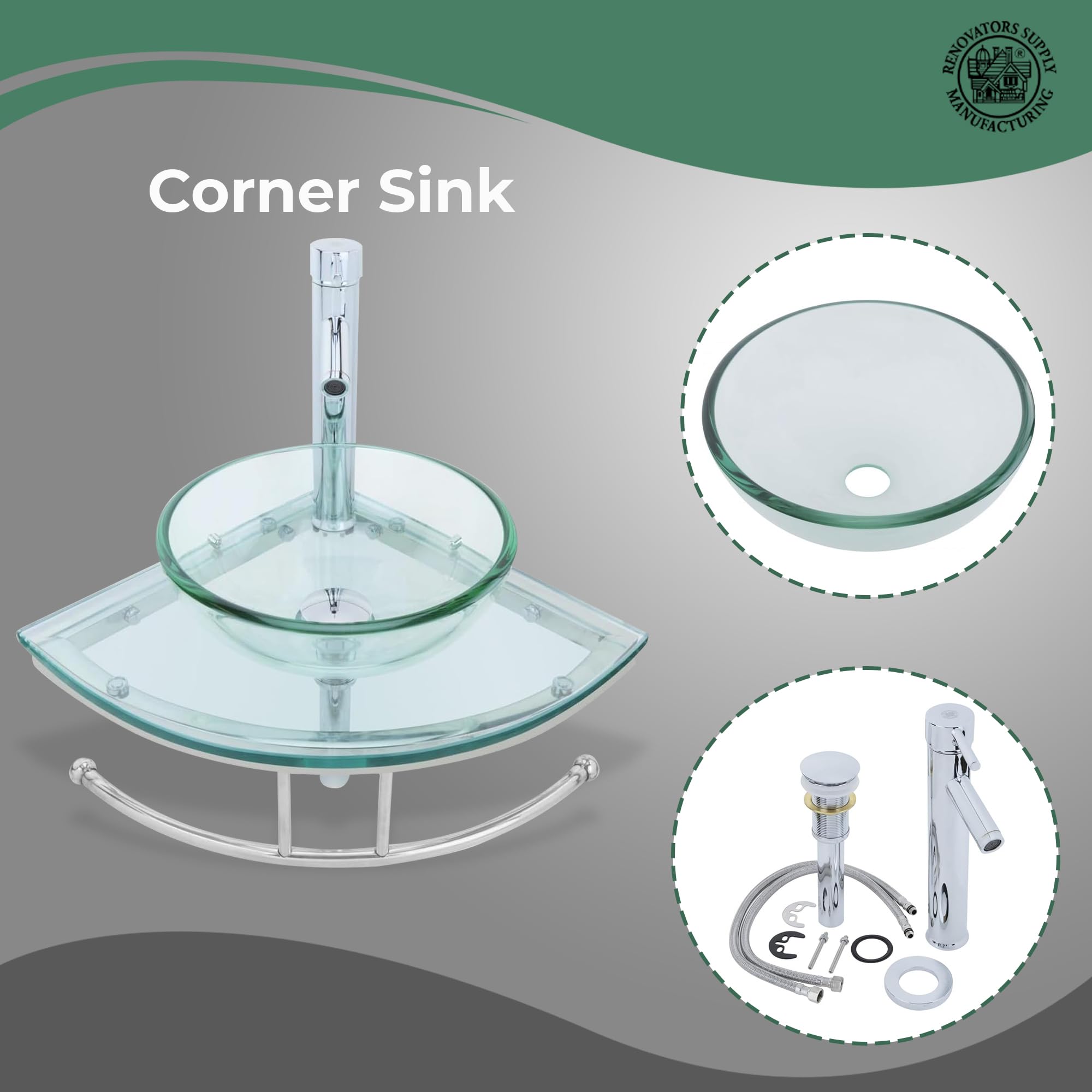 Talula Corner Glass Wall Mounted Sink - Round Wall Hung Bathroom Vessel Sink with Chrome Faucet, Pop Up Drain & Towel Bar | Crystal Clear Tempered Glass Console | Perfect for Small Bathrooms, Powder Rooms & Modern Home Decor