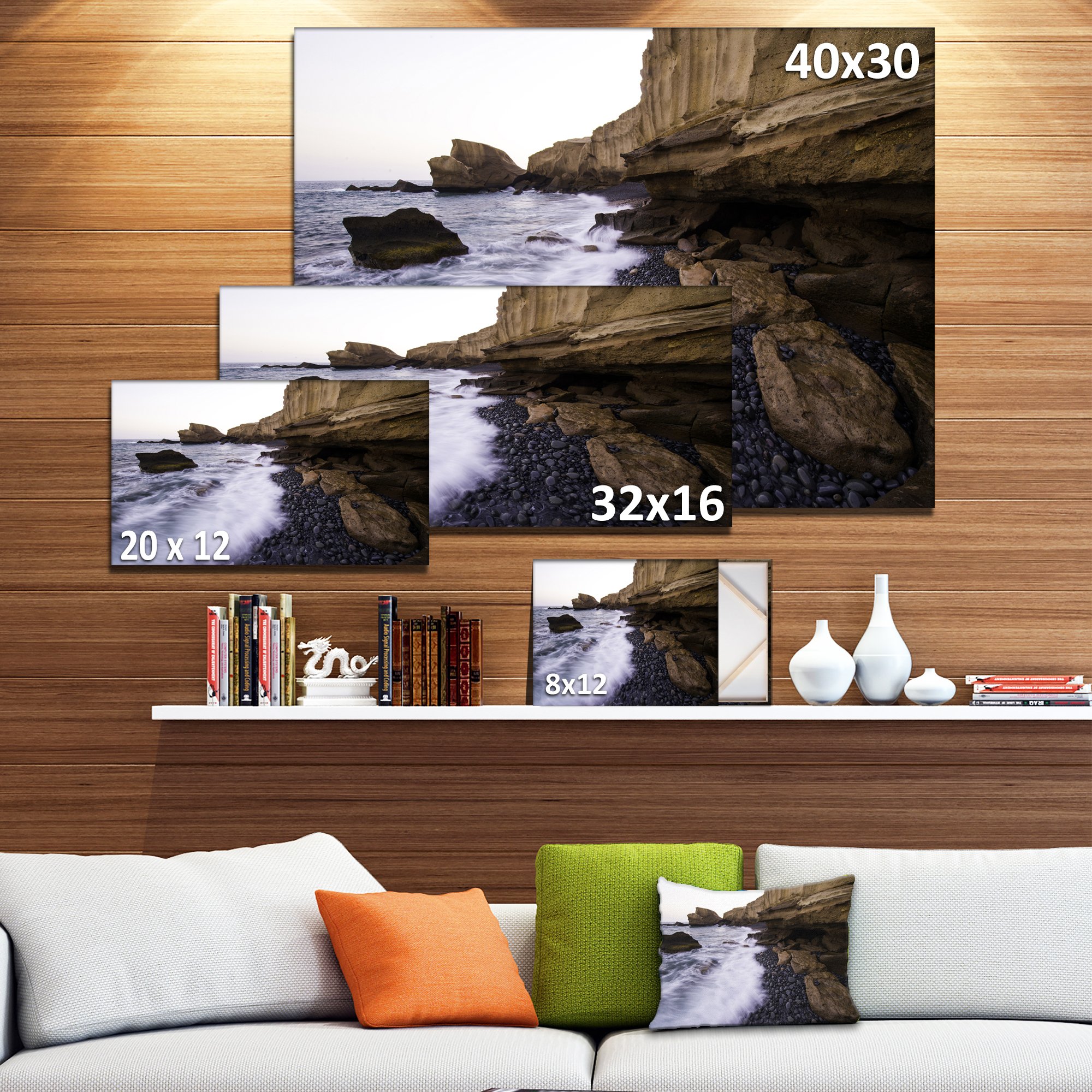 Rolling Stones at Beach Seashore Canvas Art Print - 32x16 Inch Blue Wall Decor - Perfect for Living Room, Bedroom & Office Decor
