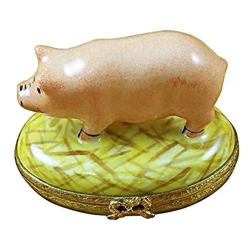 French Limoges Porcelain Pig on Straw Figurine Box - Hand-Painted Collectible Gift for Home Decor, Christmas, Birthday & Anniversary