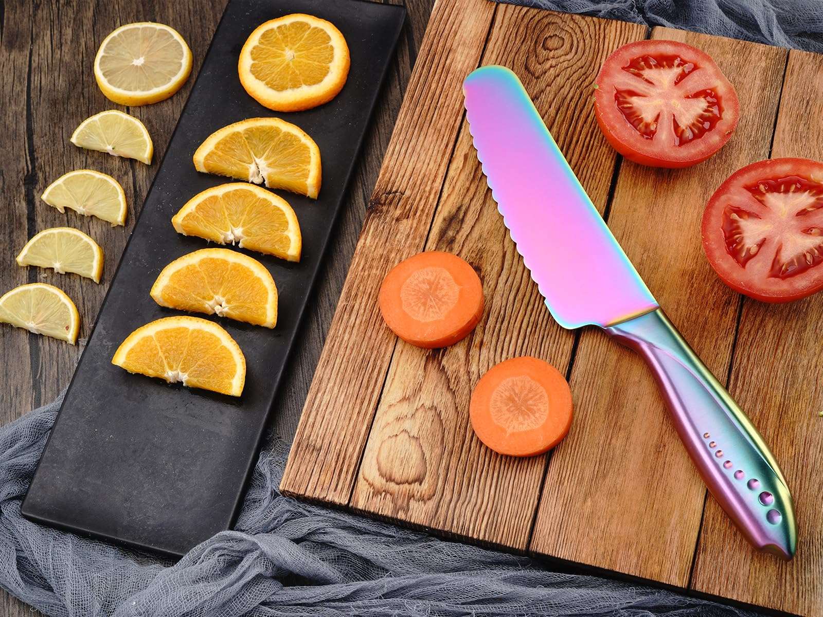 WELLSTAR 6 Inch Serrated Utility Knife - High Carbon Stainless Steel Blade for Cutting Bread, Vegetables, Meat - Rainbow Butter Spreader Knife | Perfect for Kitchen, Picnics, Camping & BBQ Parties