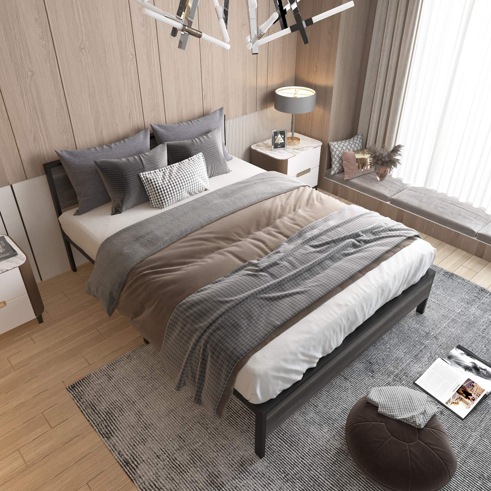 Weehom Queen Size Bed Frame with Wooden Headboard - 14 Inch High Metal Platform Bed, No Box Spring Needed, Quiet & Sturdy, Black Oak Finish - Perfect for Master Bedroom, Guest Room & Small Spaces