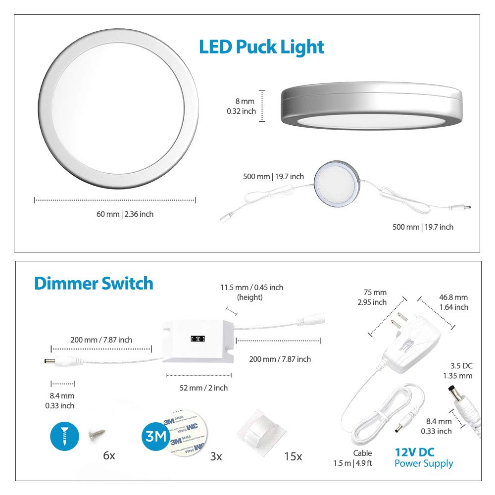 EShine Under Cabinet Puck Lights with Hand Wave Sensor – 3-Pack Dimmable Circular LED Lights (3000K Warm White) – Perfect for Kitchen, Closet & Display Shelves