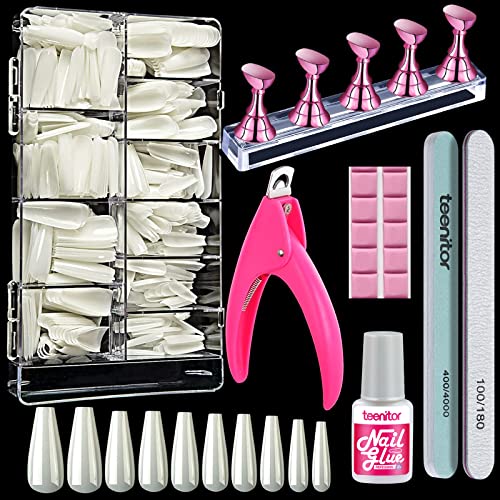 Natural Long Coffin Acrylic Nail Tips - 600pcs Full Cover Fake Nails in Milky White with Glue & Nail Stand | DIY False Nails for Ballerina Style, Manicures, Parties & Special Occasions