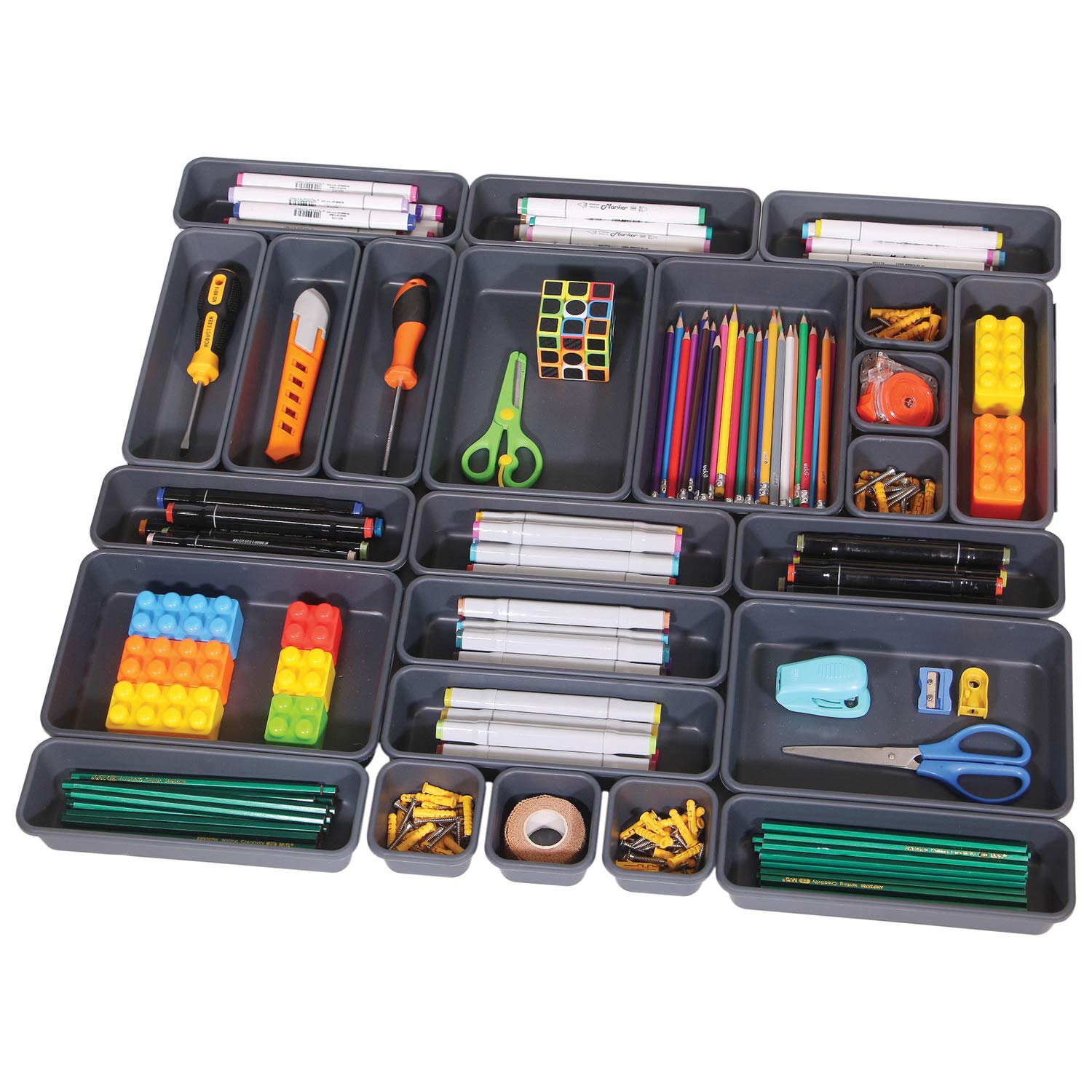 24-Piece Interlocking Plastic Drawer Organizer Set - Adjustable Tray Dividers for Shallow & Narrow Drawers | Kitchen, Bathroom, Office, Vanity & Bedroom Storage Solution | Perfect for Makeup, Utensils, Jewelry & Small Item Organization