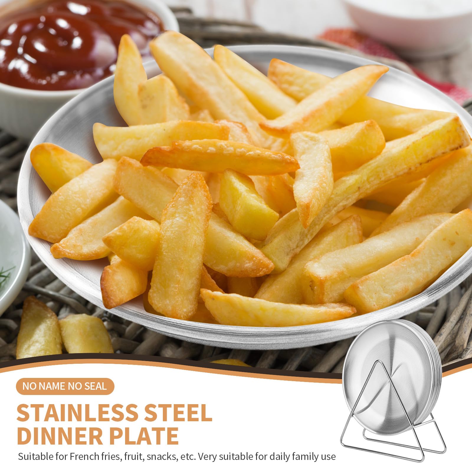 8-Piece 6.5-Inch Stainless Steel Appetizer Plate Set with Stand - Gold & Silver Round Serving Plates for Cakes, Desserts, Salads, Dips, Snacks, Side Dishes - Perfect for Parties, Weddings, Catering & Home Entertaining (Silver, 6.5 Inch)