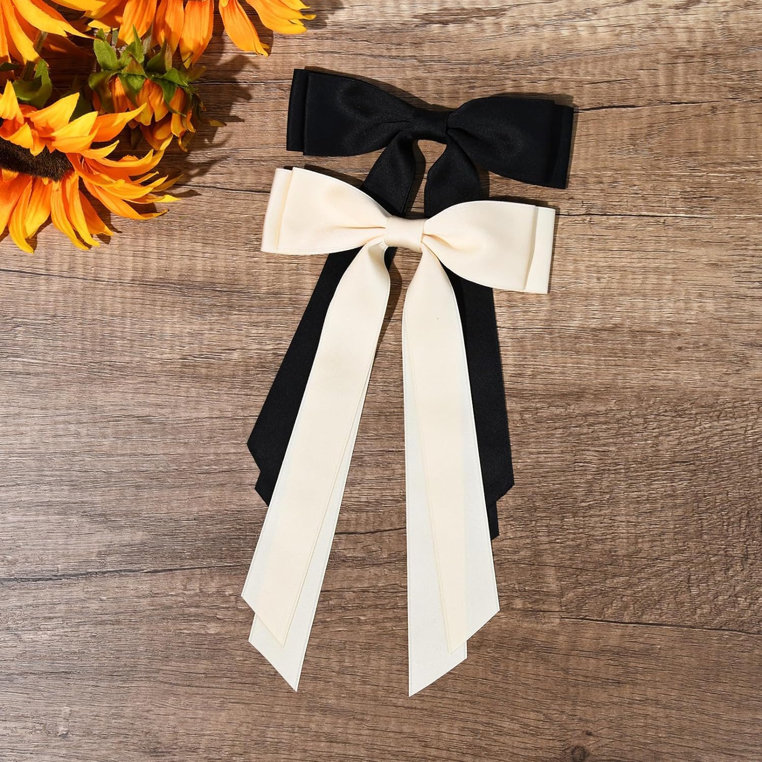 FAMEZA 2 Pack Satin Hair Bows for Women - Long Tail Ribbon Hair Clips, Elegant Red & Black Hair Accessories for Women & Girls | Perfect for Weddings, Parties & Daily Styling | BLACK & WHITE COLOR
