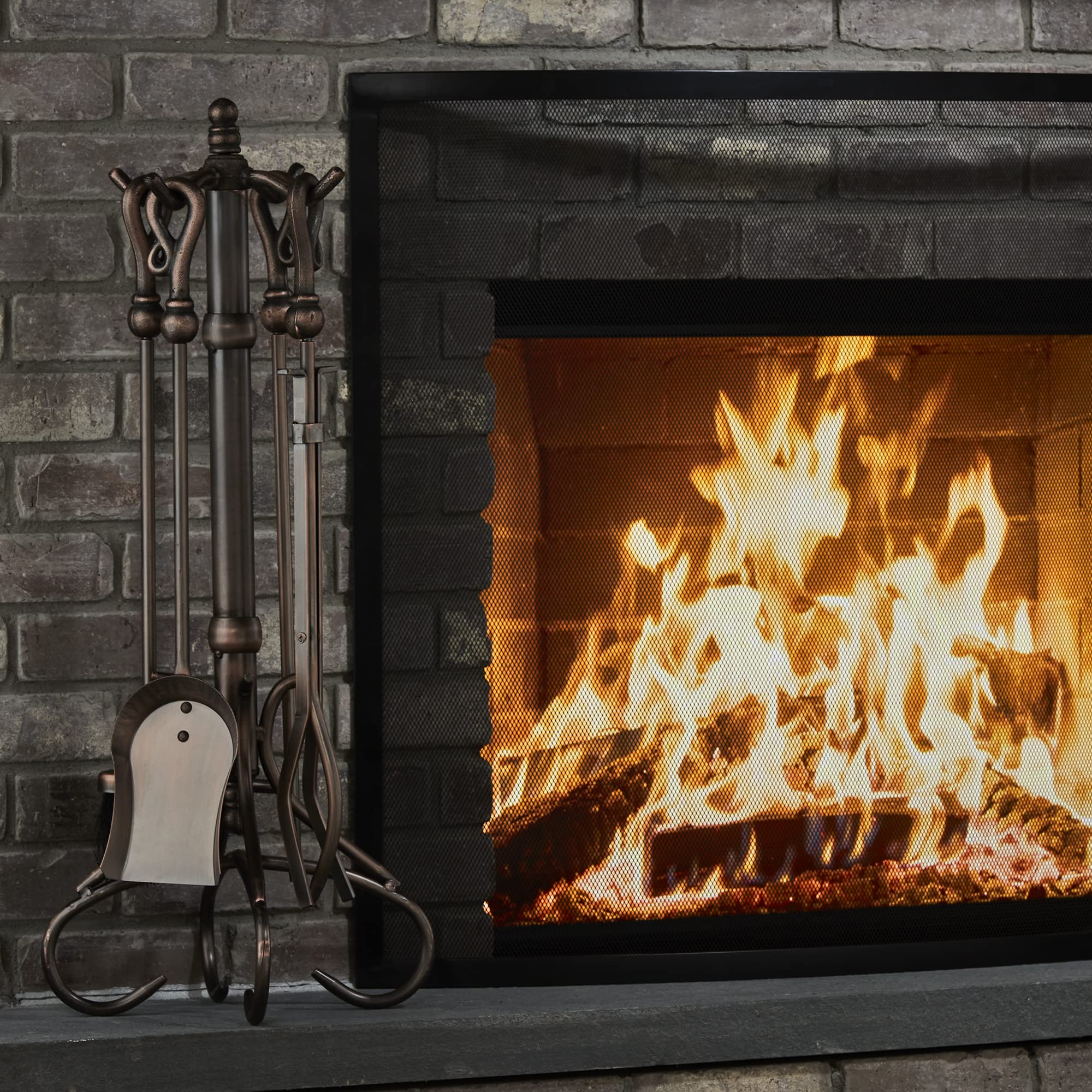 UniFlame F-1657 5-Piece Venetian Bronze Fireplace Tools Set with Heavy Crook Handles - Perfect for Indoor Fireplace, Hearth, and Home Decor