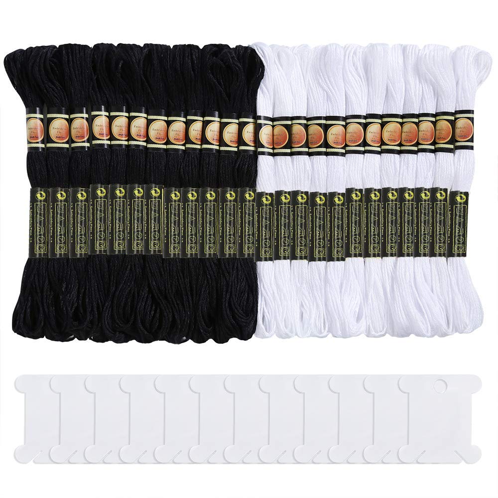 Premium Black & White Embroidery Floss - 24 Skeins Cotton Cross Stitch Thread Kit with 12 Bobbins for Friendship Bracelets, DIY Crafts & Needlework Projects - Perfect for Scrapbooking, Sewing & Handmade Gifts