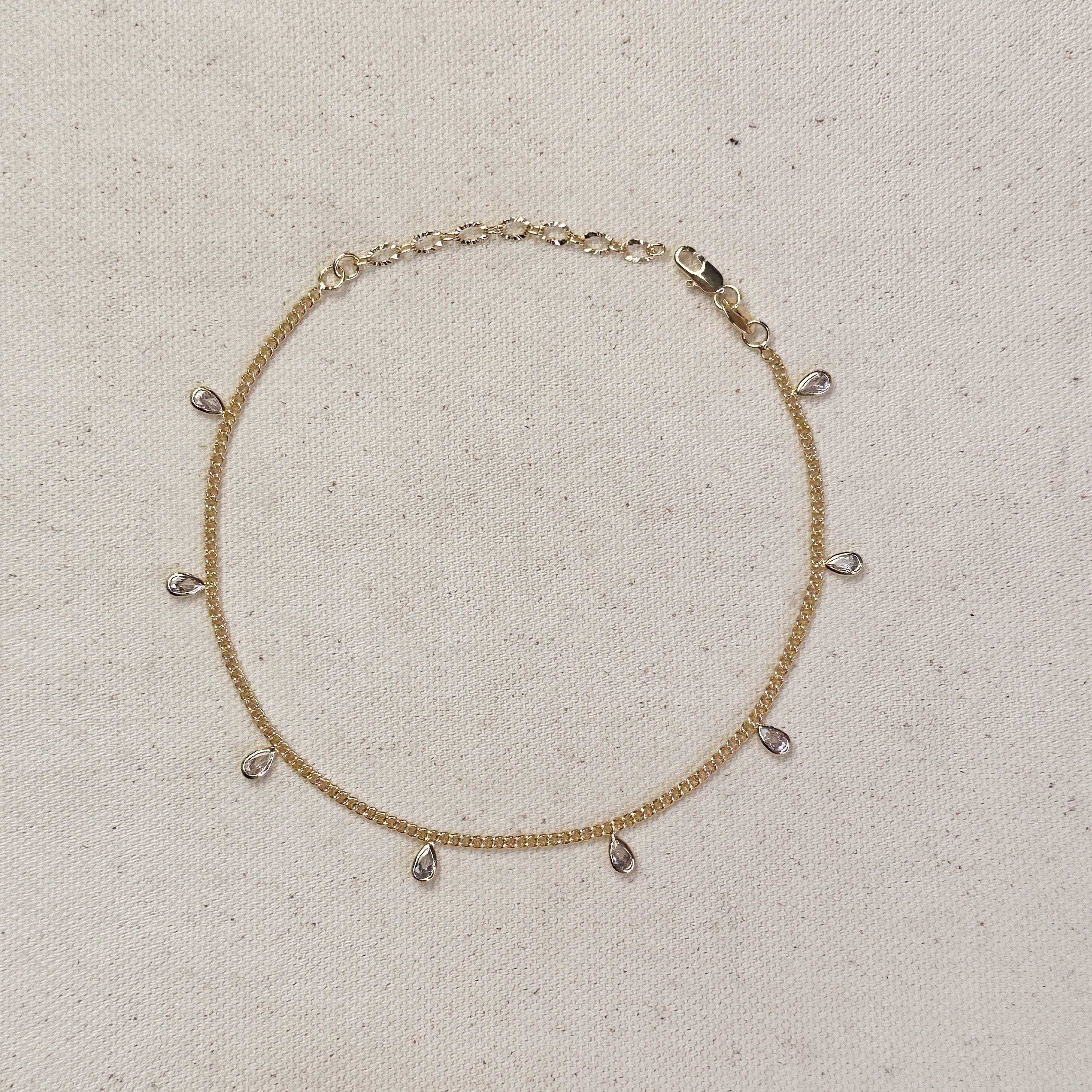 18K Gold Filled 2mm Curb Chain Anklet with Bezel CZ Drop Charms - Elegant Ankle Bracelet for Women, Perfect for Beach, Party & Everyday Wear