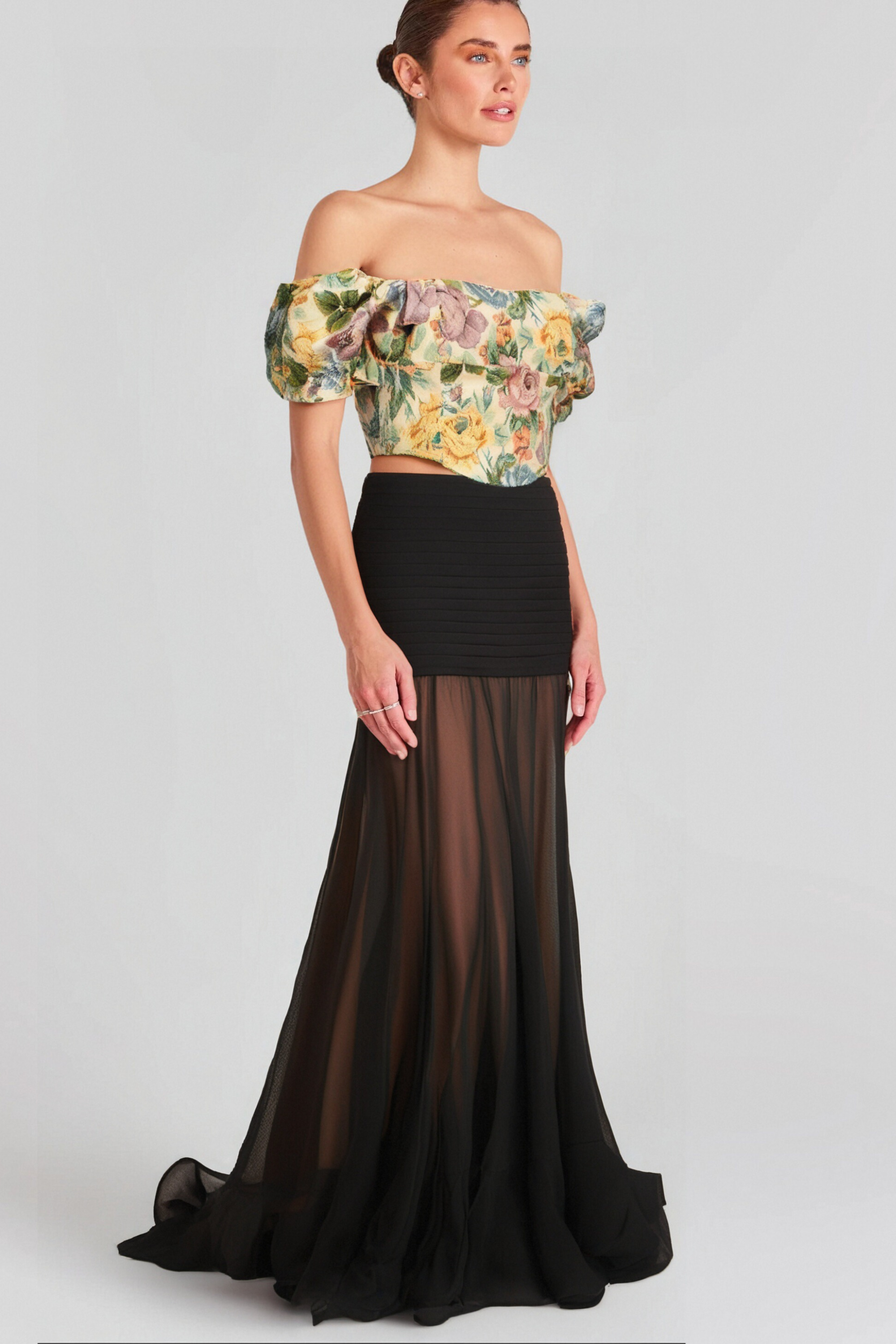 Constance Floral Print Jacquard Cropped Top - Women's Fashion Blouse for Spring & Summer, Perfect for Dates, Parties, and Casual Outings