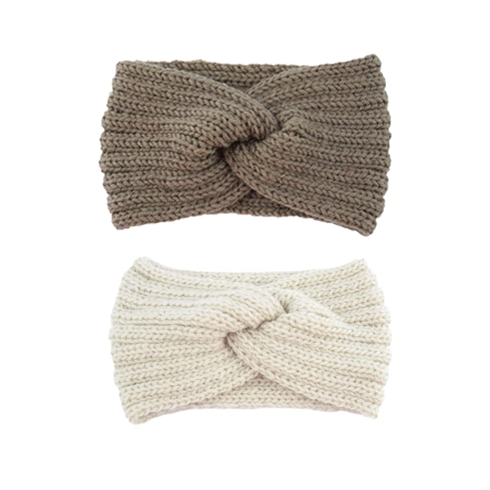2Pcs Women's Stretchy Knitted Headbands - Winter Ear Warmers & Braided Crochet Head Wraps (Beige+Khaki) | Soft & Warm Hair Accessories for Outdoor Activities, Yoga, Running & Winter Sports