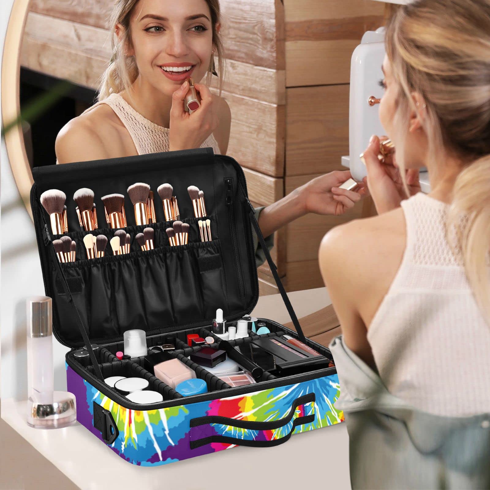 GAIREG Large Watercolor Ethnic Lotus Travel Makeup Bag - Rainbow Tie Dye Cosmetic Train Case Organizer for Women | Perfect for Travel, Gym & Daily Makeup Storage