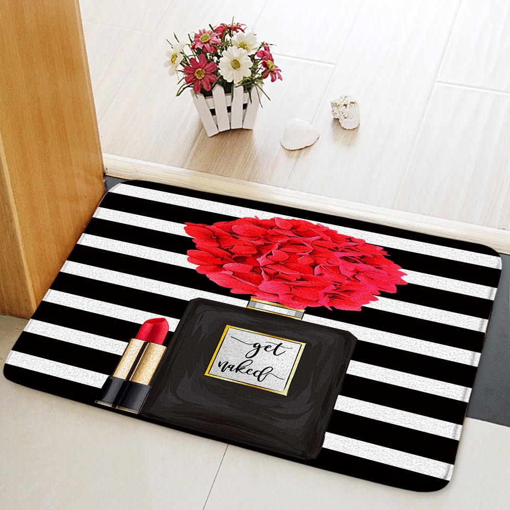 Black Perfume Flower Pattern Memory Foam Bath Mat - Soft Non-Slip Bathroom Rug for Women, Girls, Ladies (17.8x29.5 Inch) - Perfect for Bathroom, Living Room & Bedroom Decor