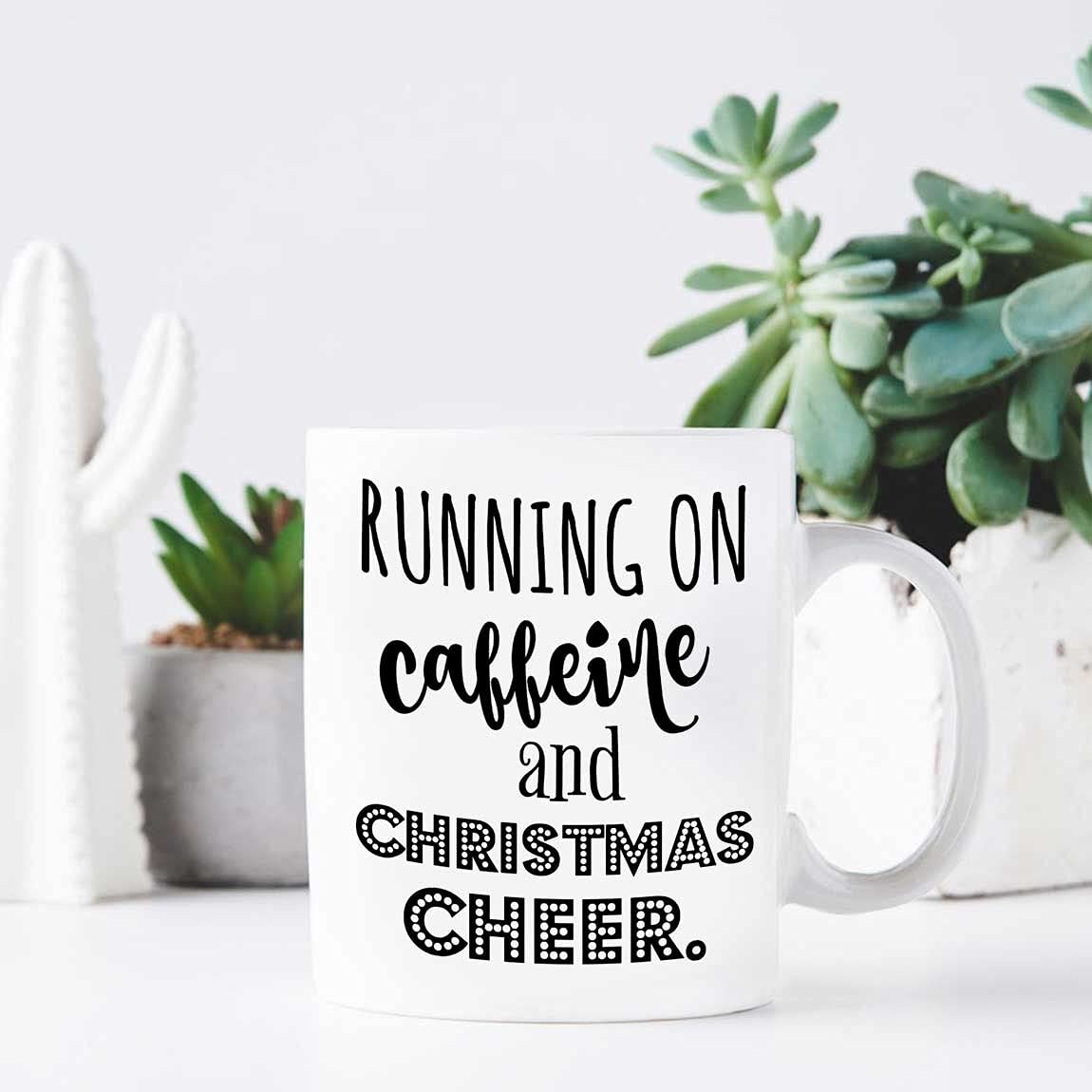 Personalized Ceramic Coffee Mug 11oz & 15oz - Running On Caffeine And Christmas Cheer Holiday Stress Novelty Mug - Perfect Tea Cup Gift for Birthday, Christmas, Thanksgiving - Ideal for Office, Home & Holiday Gatherings