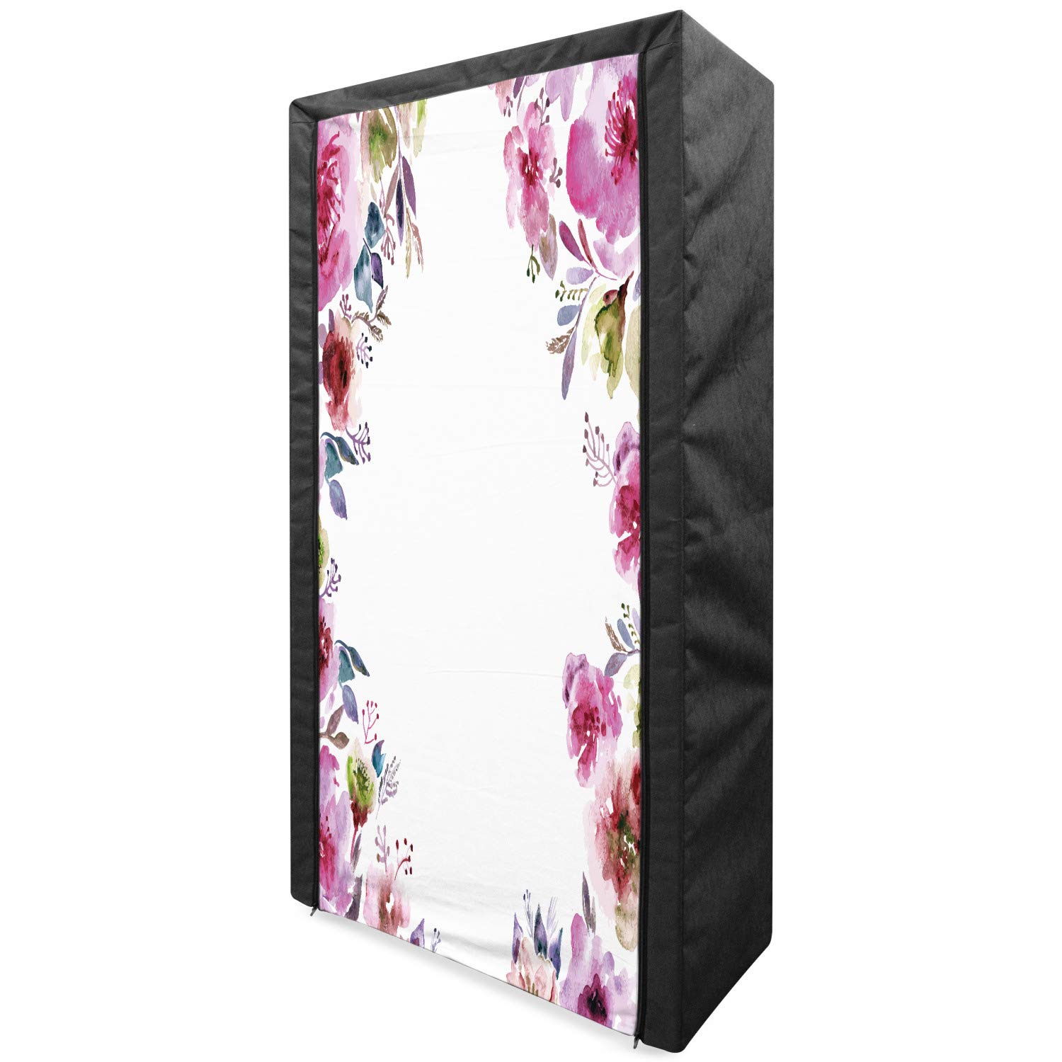 Ambesonne Floral Portable Fabric Wardrobe Closet Organizer with Shelves | 33.5 Inch Clothing Storage for Bedroom, Closet & Dorm | Watercolor Flower Design in Fuchsia Green Blue | Perfect for Home Organization, Bridal Preparation & Small Space Living