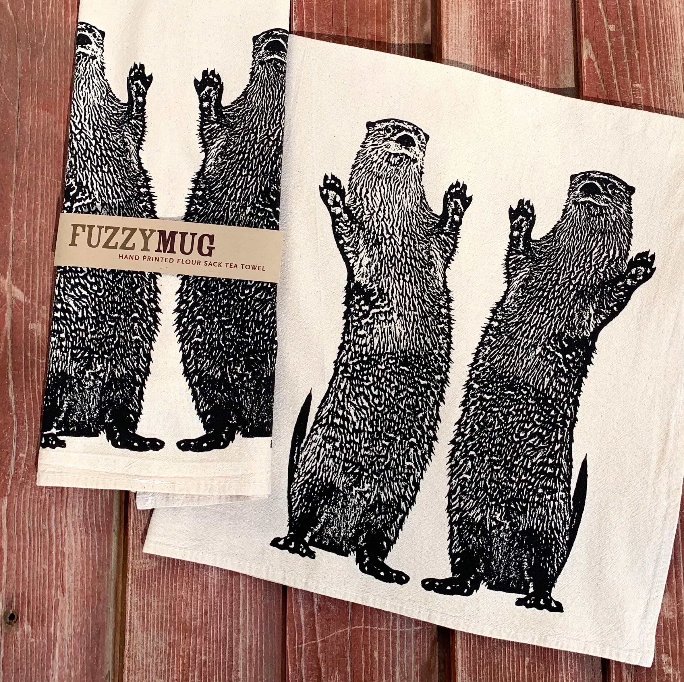 Hand-Printed Otter Tea Towel - Cute Dancing Otter Design Kitchen & Dish Towel - Flour Sack Cotton for Drying Dishes, Decor & Gifts