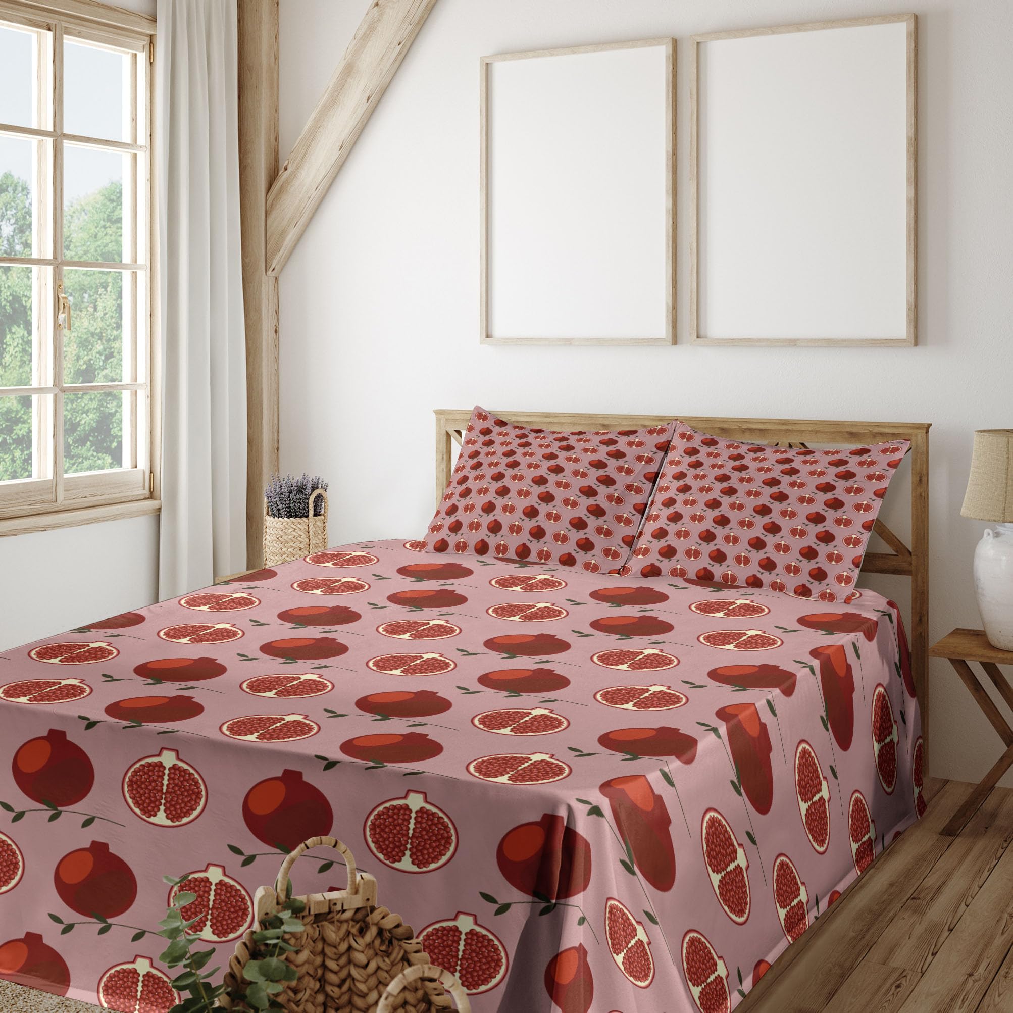 Ambesonne Pomegranate 4-Piece King Size Sheet Set - Juicy Fruit & Twig Pattern Bedding in Blush & Vermilion | Soft Cotton Blend for Comfortable Sleep | Perfect for Master Bedroom, Guest Room & Vacation Homes