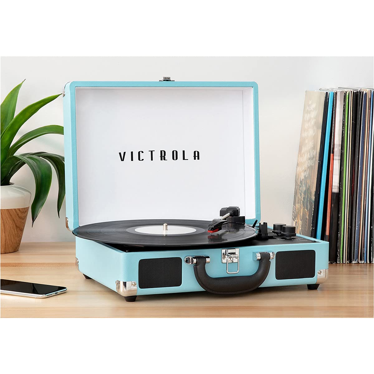 Victrola Journey+ 复古3速蓝牙便携式黑胶唱片机，内置扬声器 | 升级版转盘音质 | 附赠额外唱针 | 绿松石色 (VSC-400SB-TRQ-SDF) | 适合家庭聚会、卧室音乐欣赏和复古风装饰