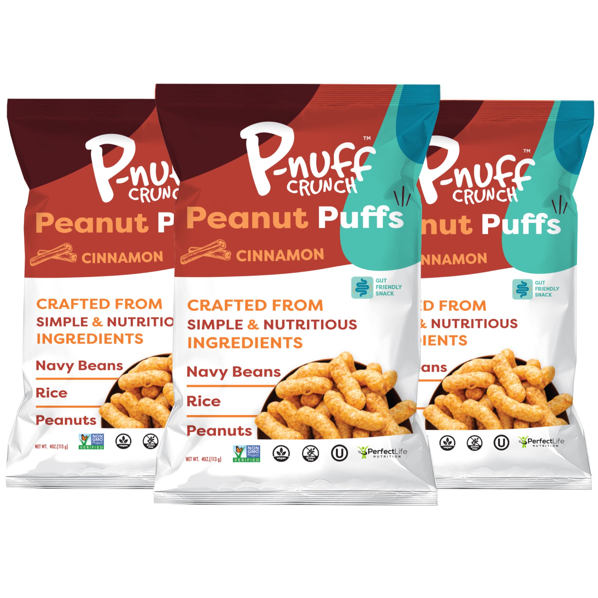 Pnuff Crunch Peanut Butter Puffs - Healthy Low Calorie Snacks, Gluten Free, Vegan, Keto Friendly, High Protein, Low Sugar - Cinnamon Flavor, 4 Oz Bags (Pack of 3) - Perfect for Office Snacks, Gym Fuel & On-the-Go Energy Boost