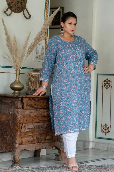 Stylish Plus Size Blue & Pink Cotton Straight Kurti for Women | Comfortable Casual Wear for Parties, Office & Festivals