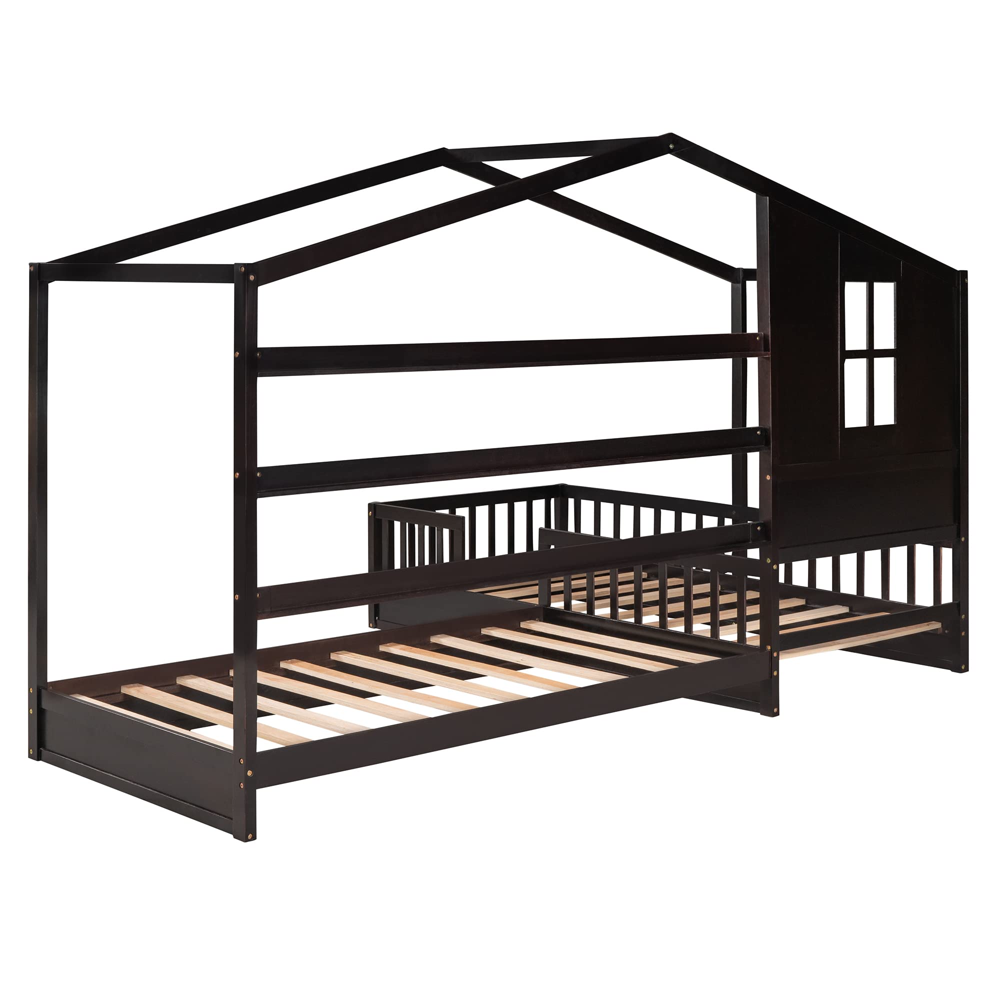 Bellemave L-Shaped Twin Bed Frame with Roof - Solid Wood Corner House Bed for Kids, Espresso Finish - Perfect for Small Spaces & Shared Kids' Rooms