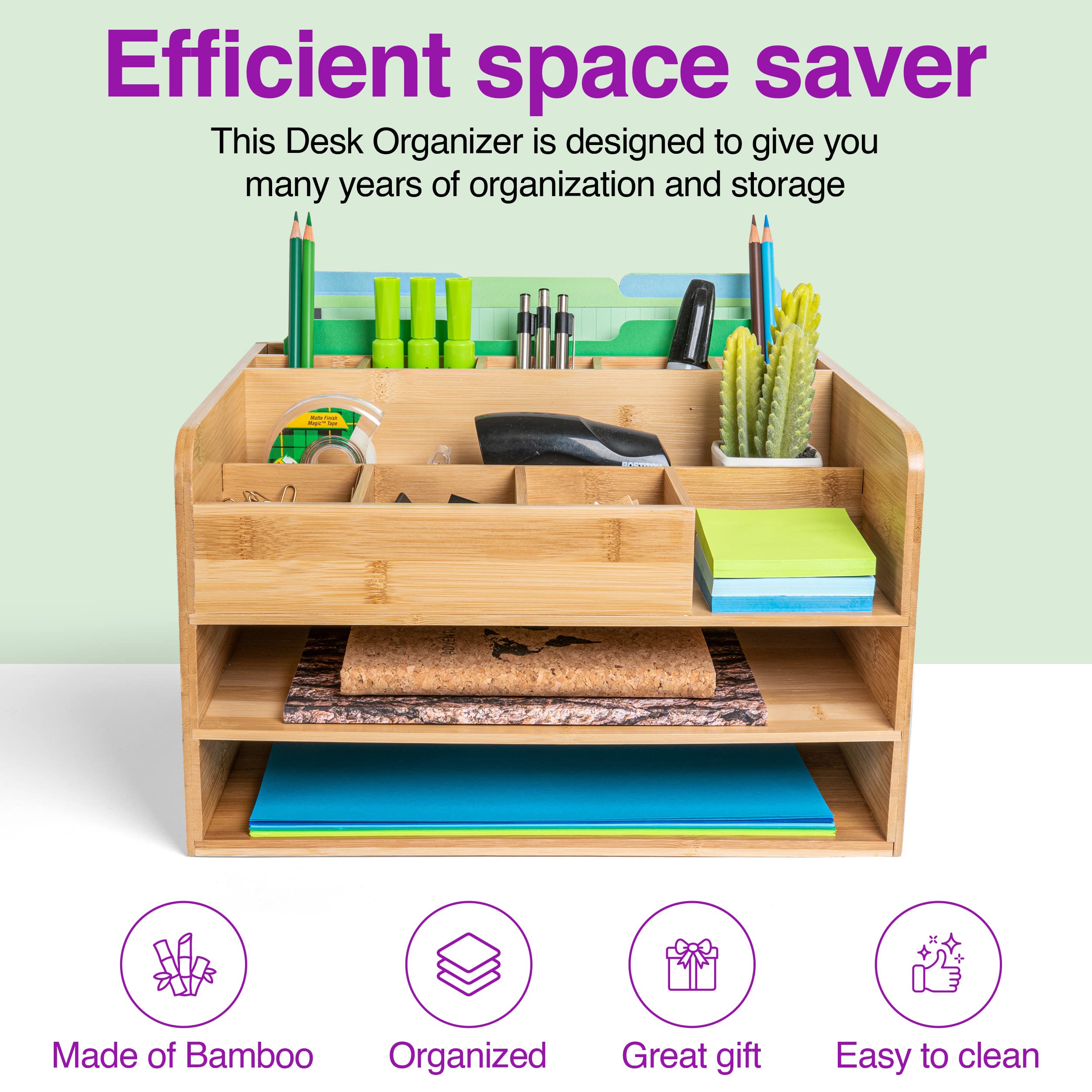Premium Bamboo Wood Desk Organizer - 2-Tier File Trays & Storage Bins for Vertical Files, Pens, Notepads & Office Supplies | Perfect for Home Office, Study & Workspace Organization
