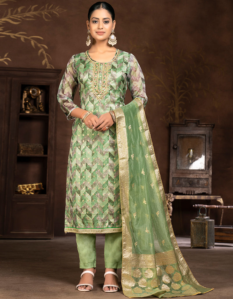 Elegant Green Organza Designer Party Wear Heavy Salwar Suit Collection with Green Santoon - Perfect for Weddings, Festivals & Special Occasions