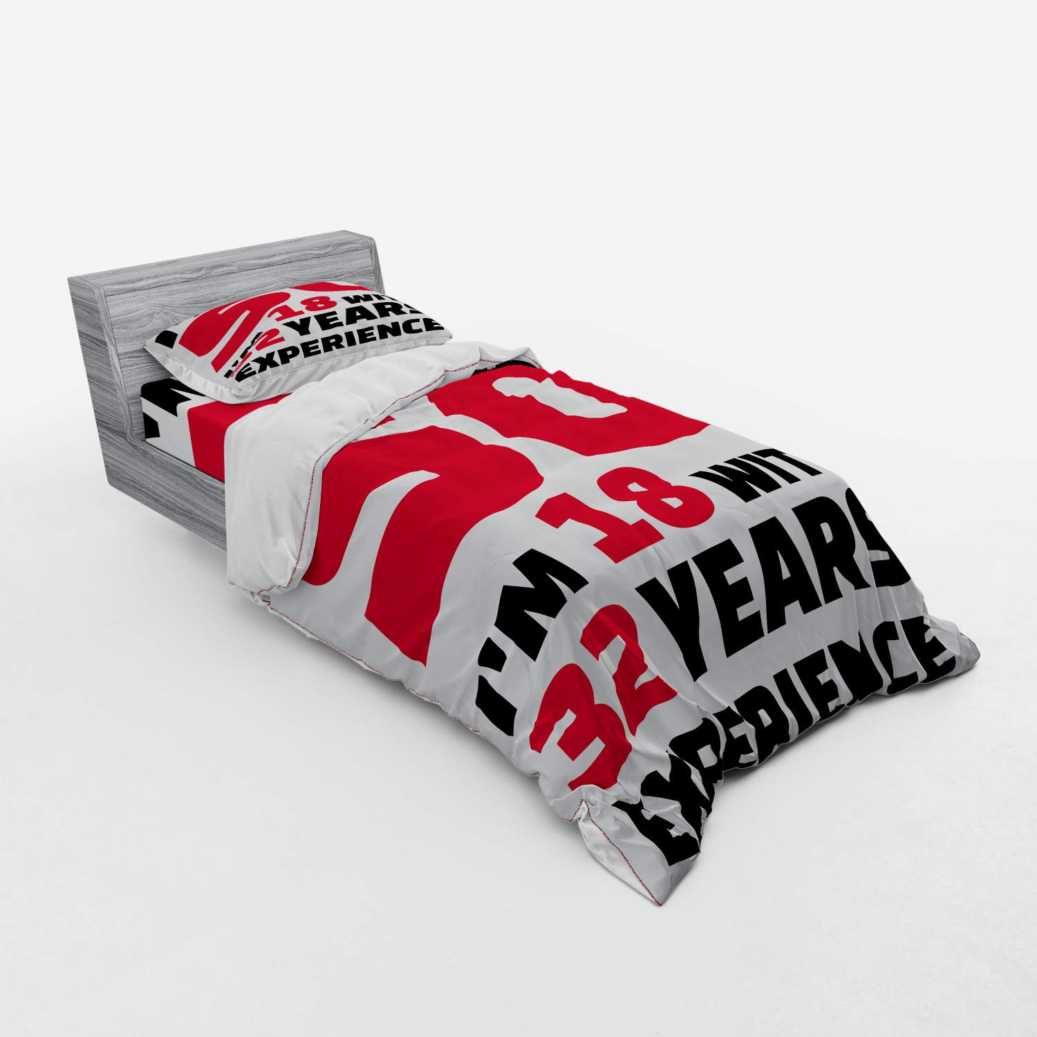 Ambesonne 50th Birthday Bedding Set - 3 Piece Duvet Cover with Sham & Fitted Sheet - Twin Size Red Black White - Funny 'Forever 18' Age Celebration Design - Perfect for Birthday Parties & Adult Bedroom Decor