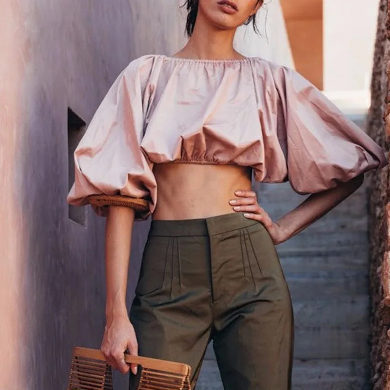 Sexy Backless Crop Top for Women - Slash Neck Lantern Sleeve Blouse, Summer Fashion Large Size Tops | Perfect for Beach, Party & Night Out