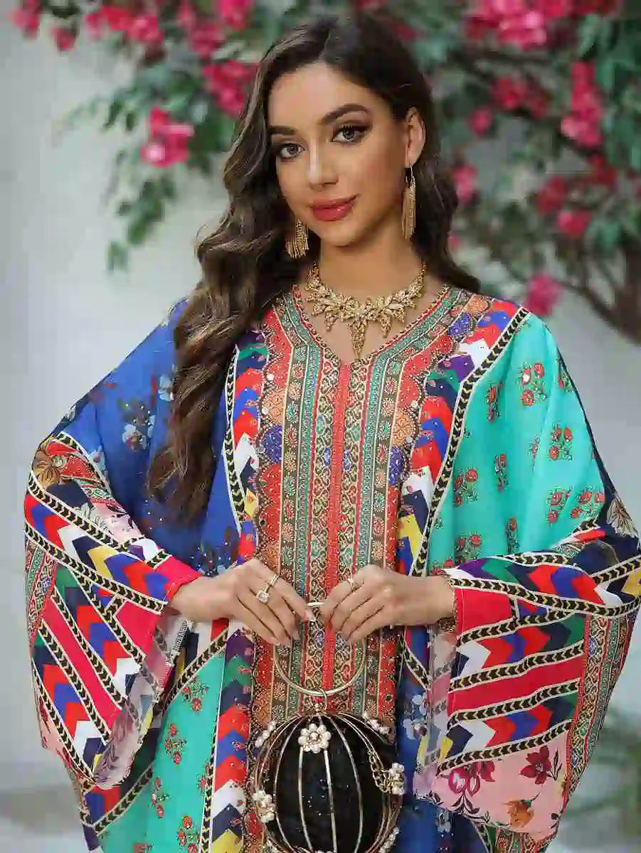 Hotfix Rhinestone Chiffon Printed Caftan Kaftan Dress - Elegant Party Wear for Eid, Wedding, Bridal Shower & Special Occasions | Style #25466