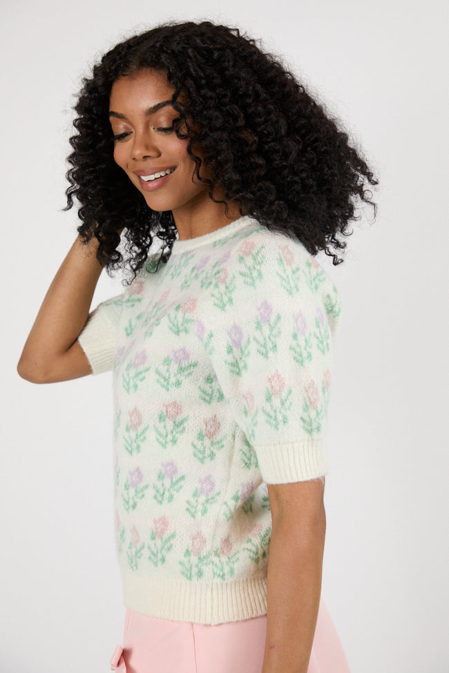 Fields Of Love Ivory Multi Block Floral Pattern Sweater - Women's Elegant Knit Pullover for Fall & Winter - Perfect for Casual Outings, Date Nights, and Office Wear