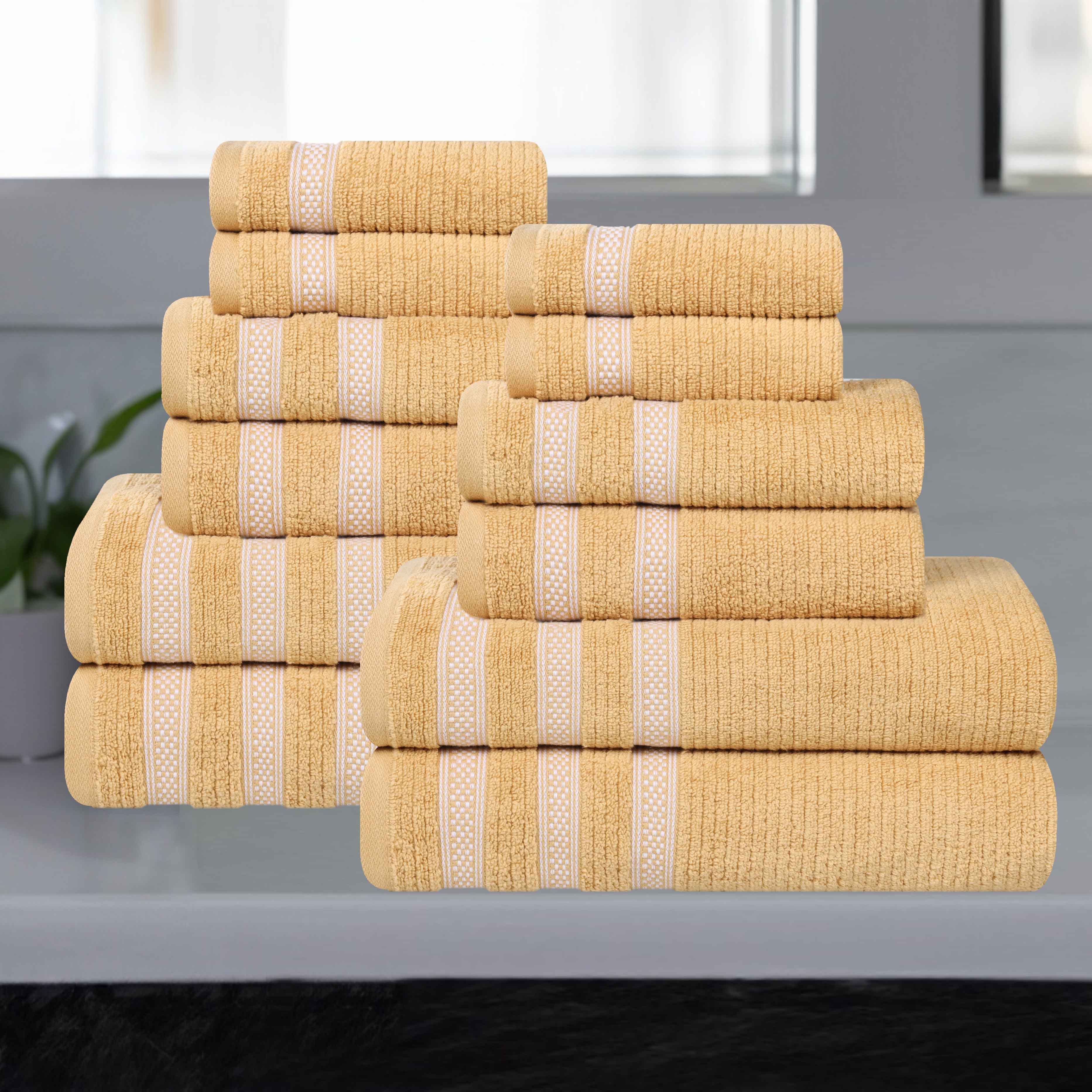 12-Piece Zero Twist Cotton Ribbed Geometric Border Plush Towel Set – Ultra Soft Bath & Beach Towels for Spa, Pool & Luxury Home Use