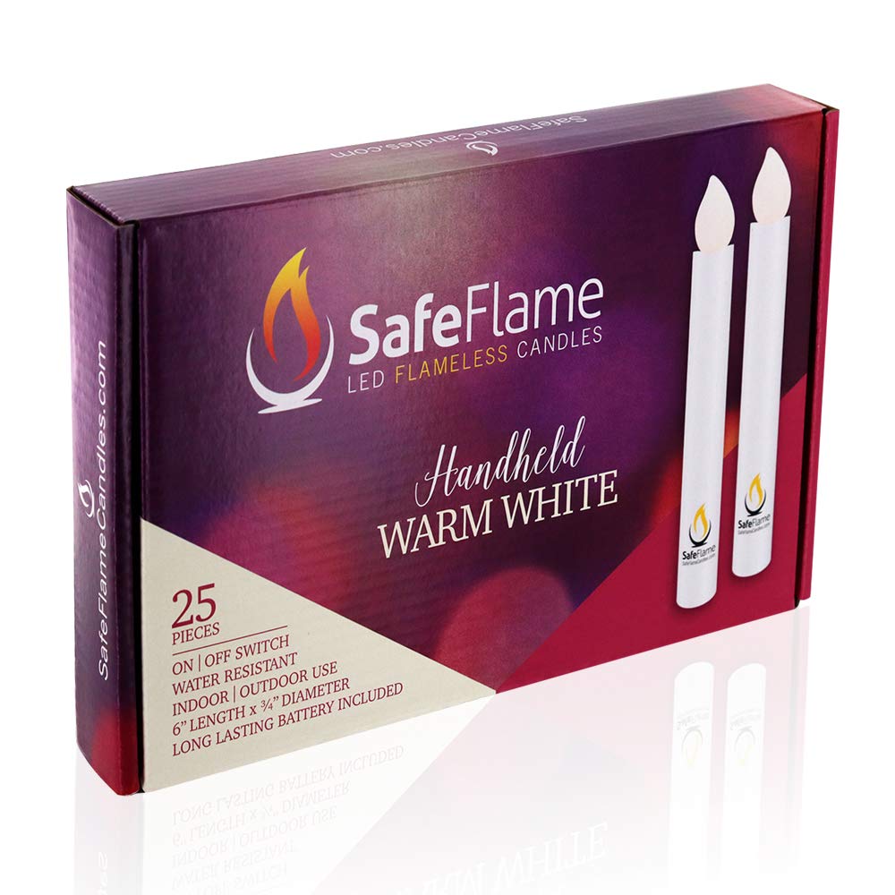 SafeFlame Hand Held LED Candles - 25 Pack Warm White Flameless Candles with Batteries Included - Easy On/Off Switch for Safe Candlelight Service - Perfect for Weddings, Church Events, Memorials & Home Decor - Ideal for Romantic Dinners, Holiday Decorations and Special Occasions
