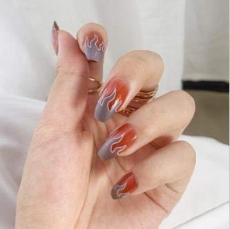 24pcs Short Fake Nails with Fire Design - Pre Glued Artificial Nails for Women - Full Cover Nail Tips for Easy DIY Manicure at Home, Parties & Special Occasions