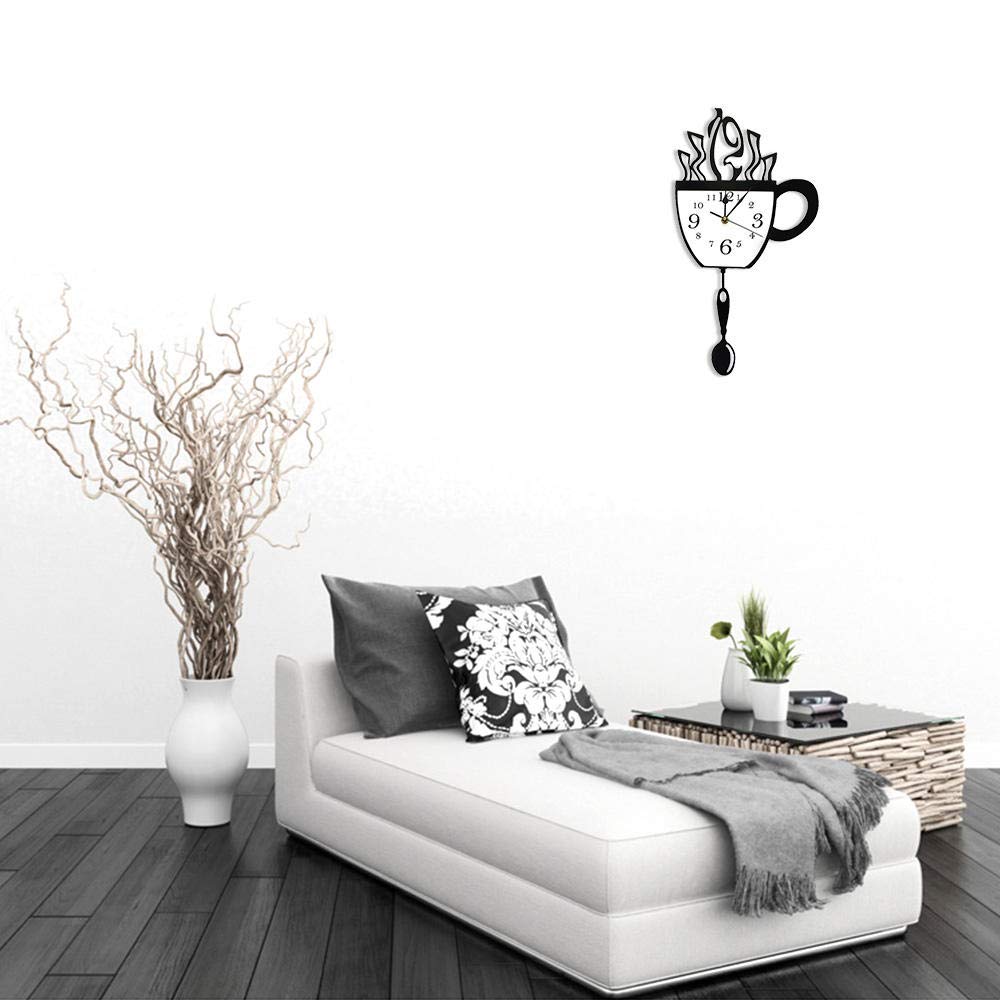 Modern Kitchen Wall Clock with Swinging Coffee Cup & Spoon Pendulum - Unique Coffee Lover Gift for Home, Office, Café Decor (12-inch Silent Movement)