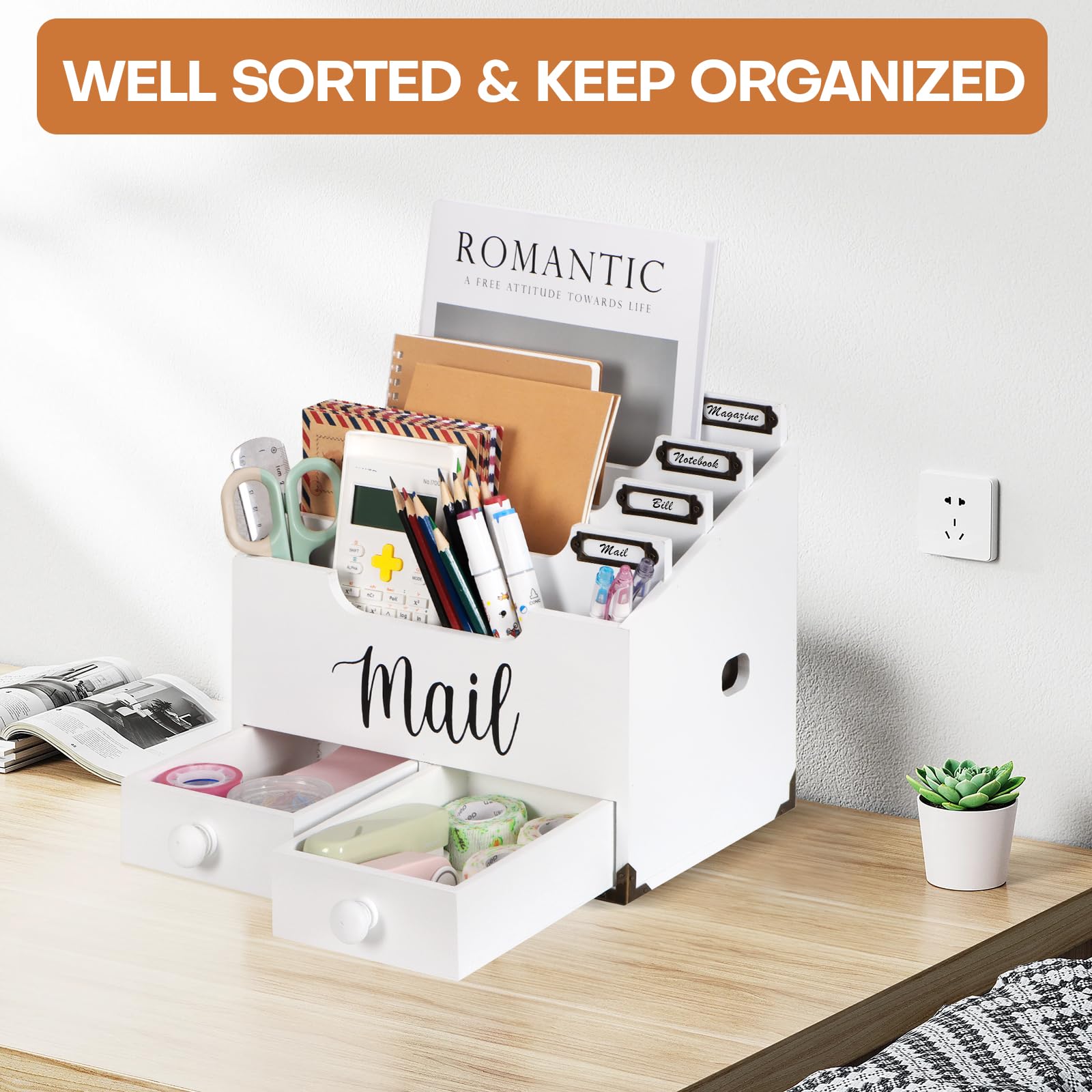 RELBRO White Wood Mail Organizer with 2 Drawers & 4 Compartments - Desktop File Organizer for Letters, Bills & Documents | Office Desk Accessory for Home & Study Organization