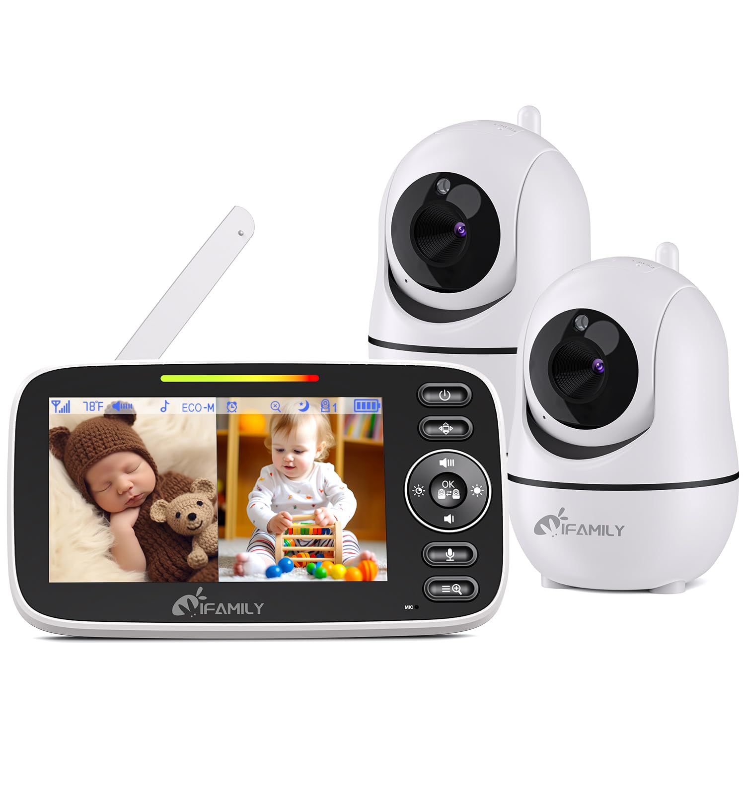 iFamily Split Screen Baby Monitor with 2 Cameras - Large Display Video Monitor with Night Vision, 2-Way Audio & Temperature Sensor | Long Range, Remote Pan-Tilt, Feeding Clock & Lullabies | Perfect for Nursery, Bedroom & Travel Use