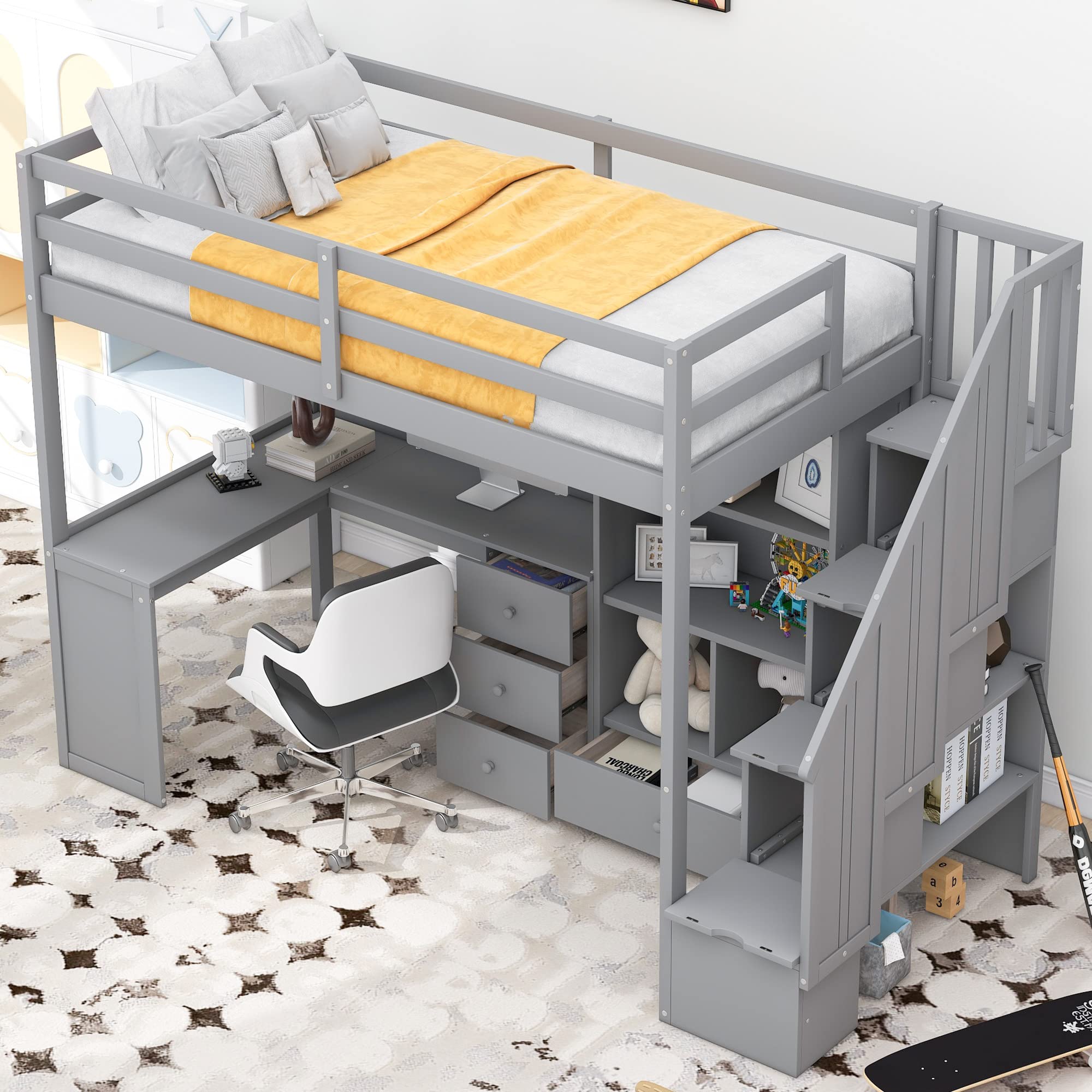 HABITRIO Twin Size Loft Bed with L-Shaped Desk, Storage Staircase & Drawers - Space Saving Study Bed with Cabinet & Shelves for Small Rooms, Grey - Perfect for Kids & Teens Bedroom, Dorm Room or Studio Apartment