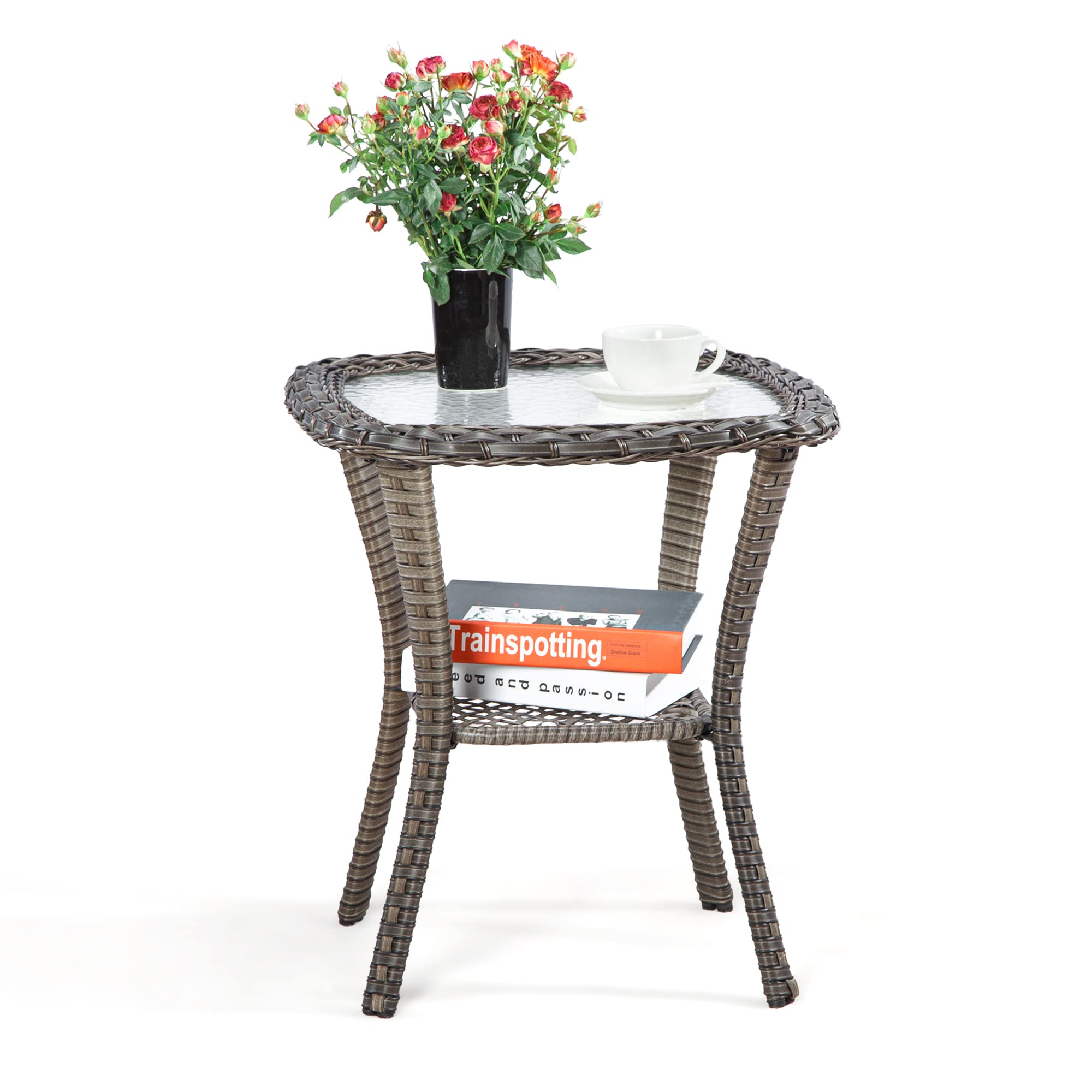 Joyside 20x20x22 Inch Brown Wicker Outdoor Side Table with 5 Inch Tempered Glass Top and Storage Shelf - Perfect Patio Coffee Table for Garden, Poolside, and Outdoor Furniture Sets