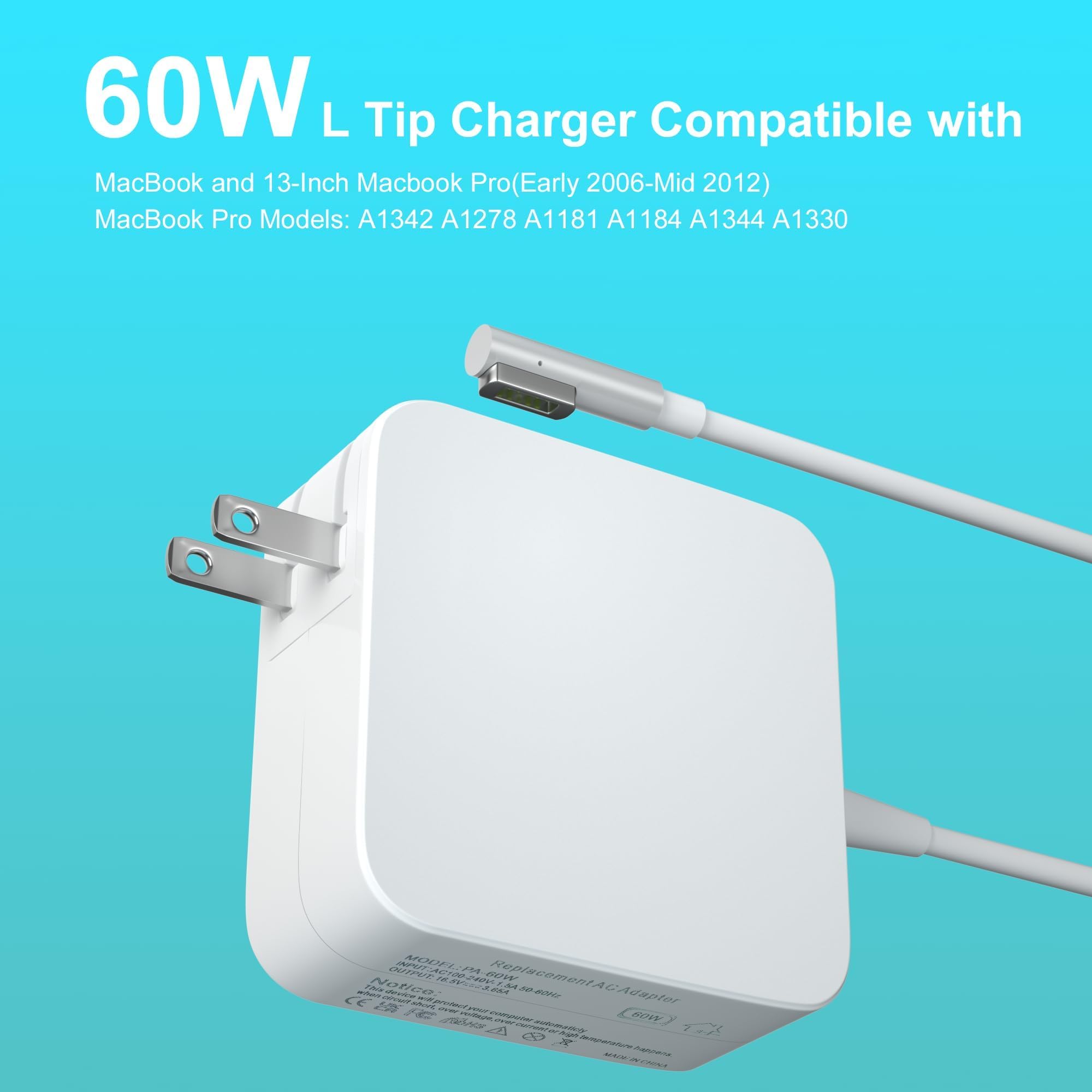 Original MacBook Pro Charger 60W - Replacement Power Adapter for 13-inch MacBook Pro (Mid 2012 & Earlier) & MacBook Air (2011 & Earlier) with L-Tip Connector - Perfect for Home, Office & Travel Use