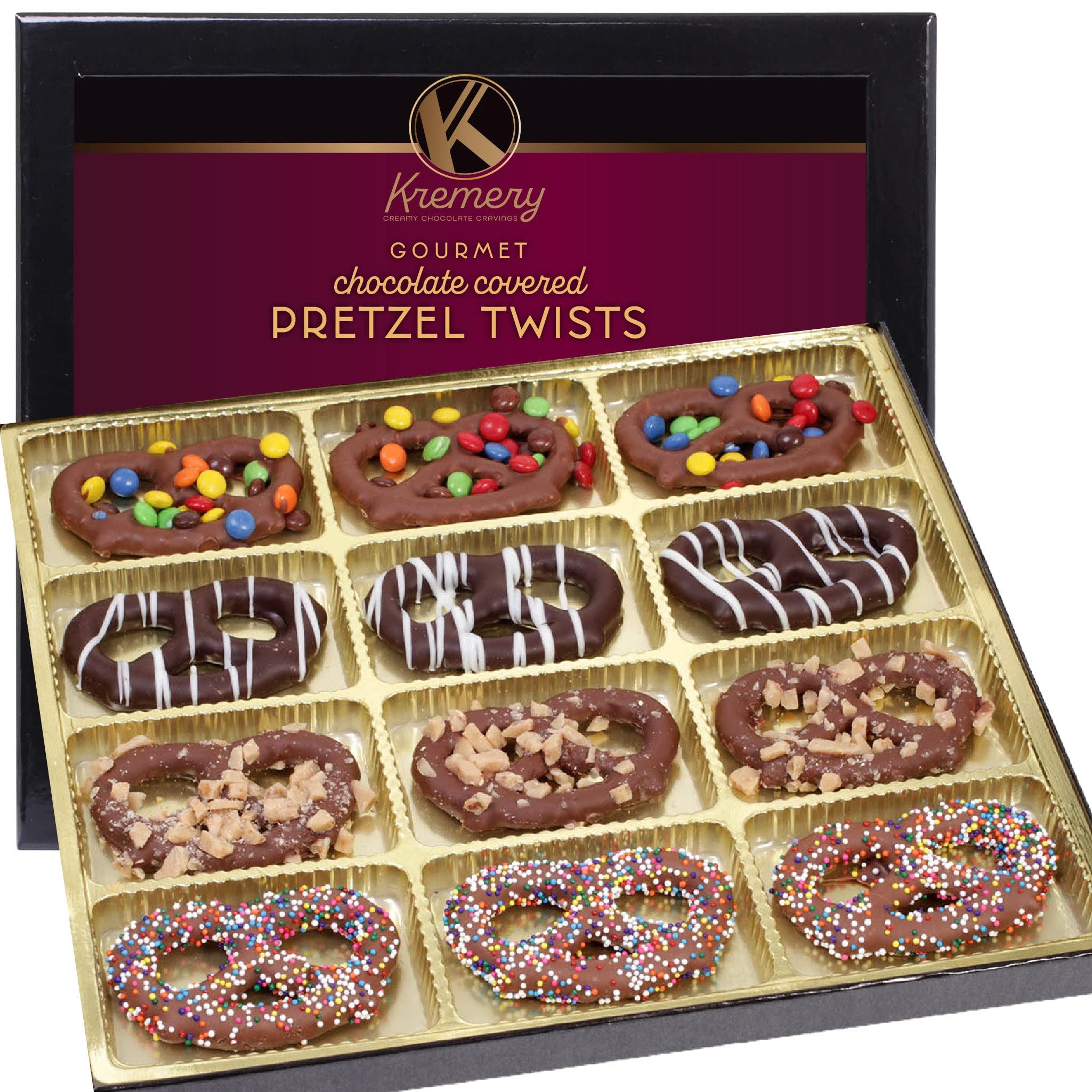 KREMERY Creamy Chocolate Covered Pretzel Twists Gift Basket - 12 Assorted Toppings Easter Treats in Sectional Box | Kosher Dairy, Made in USA | Perfect for Holiday Gifting, Party Favors & Sweet Snacks