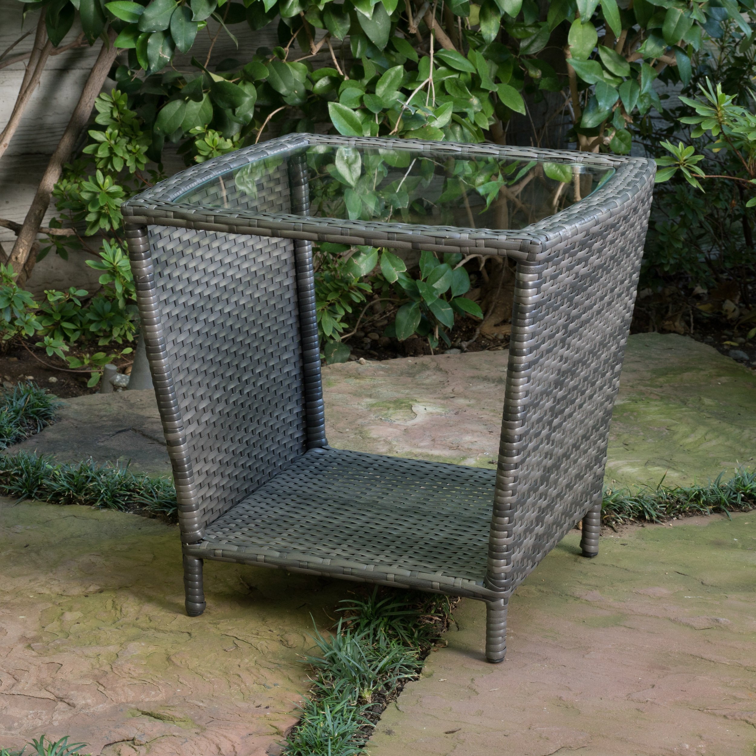 Christopher Knight Home Weston Outdoor Wicker Side Table with Glass Top, Grey - Patio Furniture for Poolside, Garden, and Deck Use