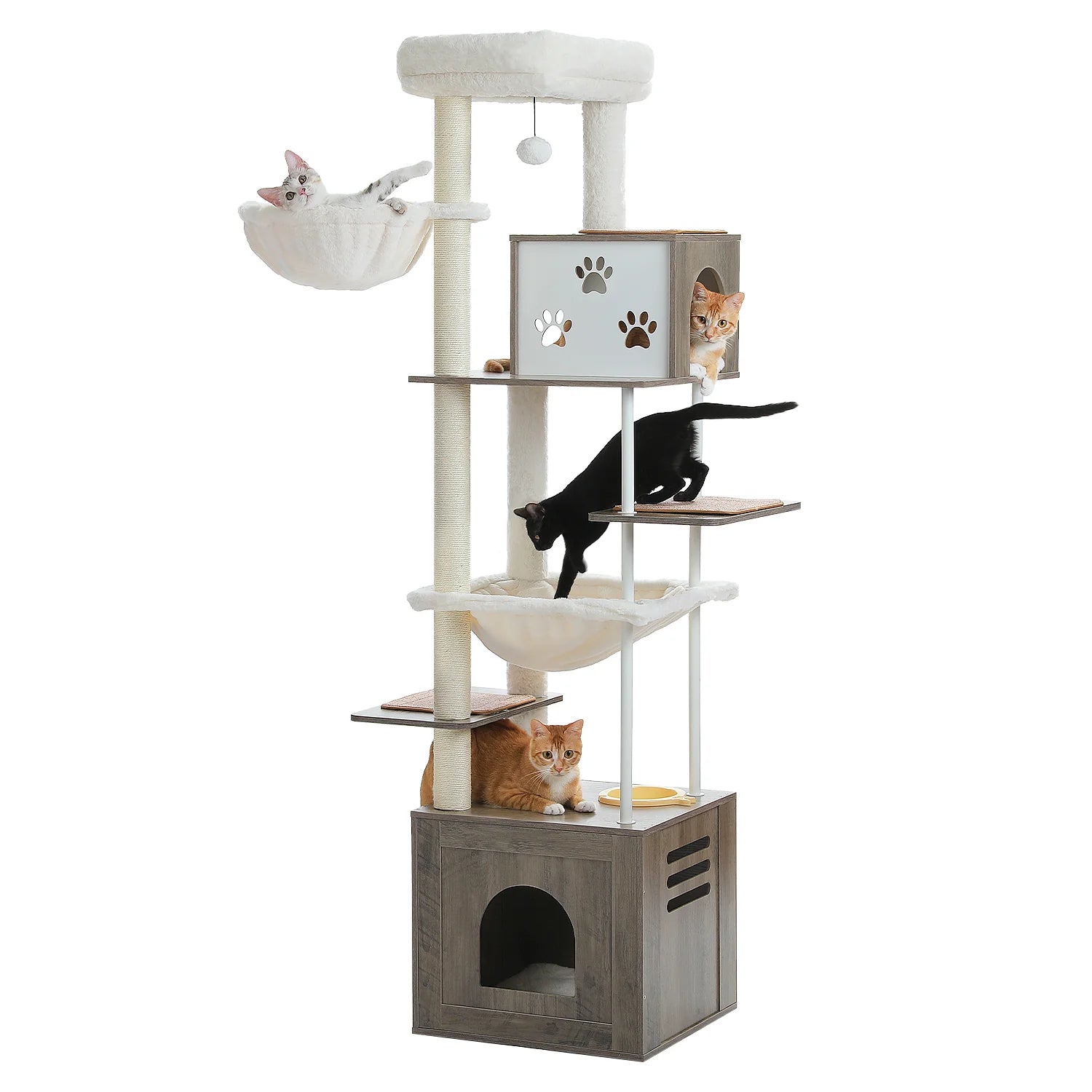 190cm Tall Wooden Cat Tree Tower with Feeding Bowls - Grey - Multi-Level Cat Climbing Furniture for Indoor Cats, Play & Rest Perch for Kittens & Adult Cats