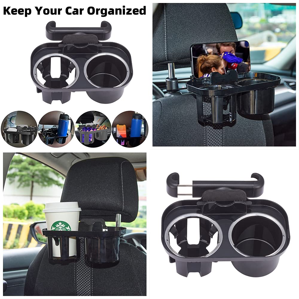 Car Headrest Cup Holder & Seat Back Organizer - Dual Cup Holder with Phone Mount for Road Trips & Family Travel - Perfect for Coffee, Drinks & Smartphones