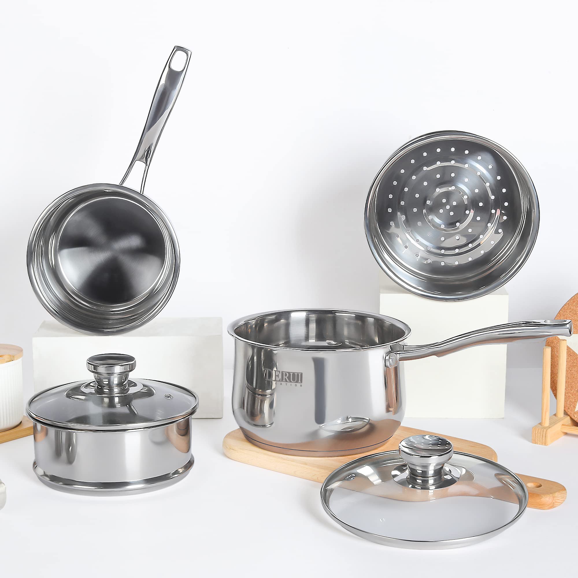 Premium 18cm Stainless Steel Saucepan (2.5 Quart) with Steamer Basket & Glass Lid - Induction Safe Milk Pan, Soup Pot for Cooking, Steaming & Boiling - Perfect for Small Kitchens, Dorms & Camping