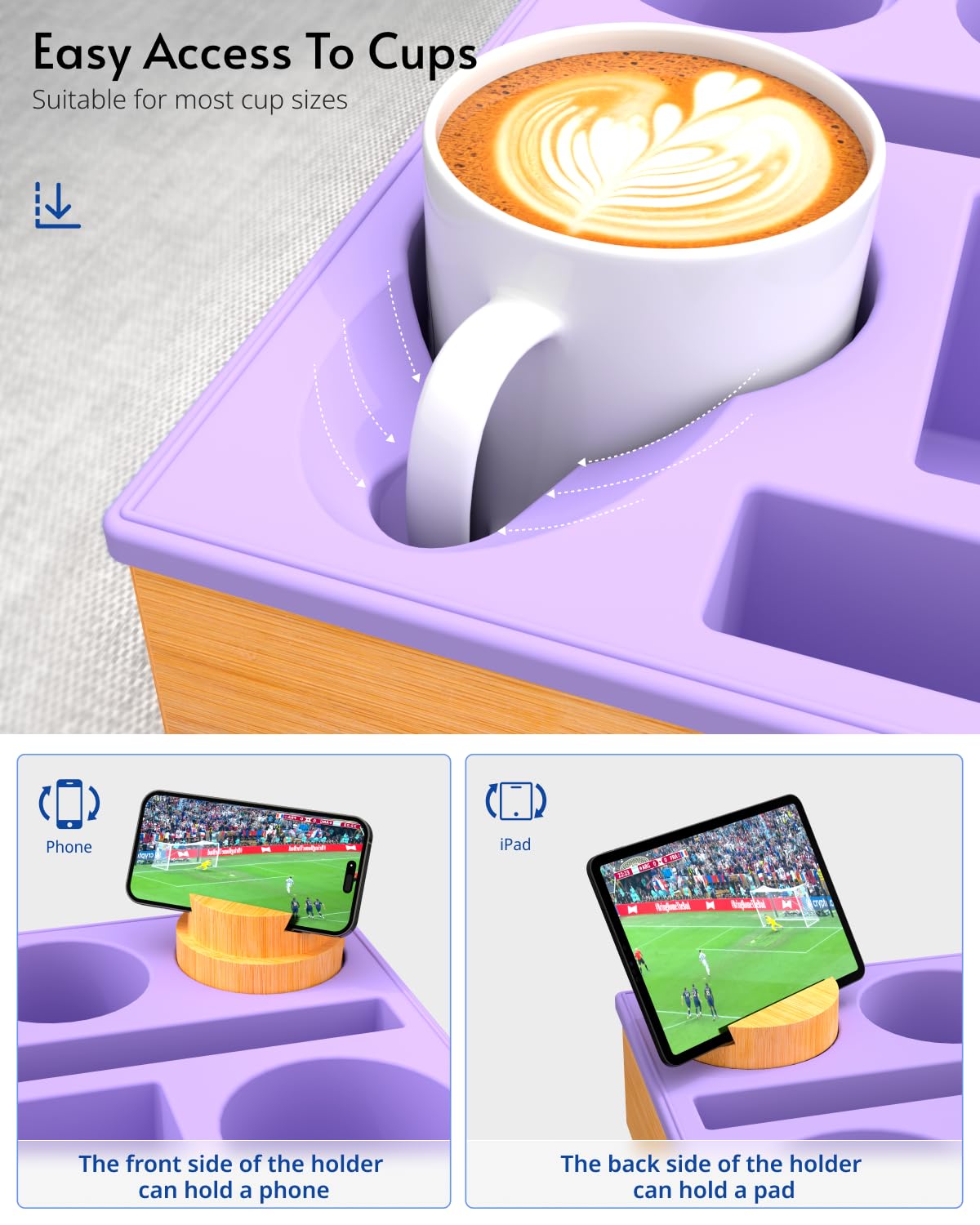 **Silicone Couch Cup Holder Tray - Sofa & Bed Drink Holder, Couch Organizer Caddy with Snack Tray & Remote Storage, Perfect for Living Room, Beach, and Movie Nights (Purple)**