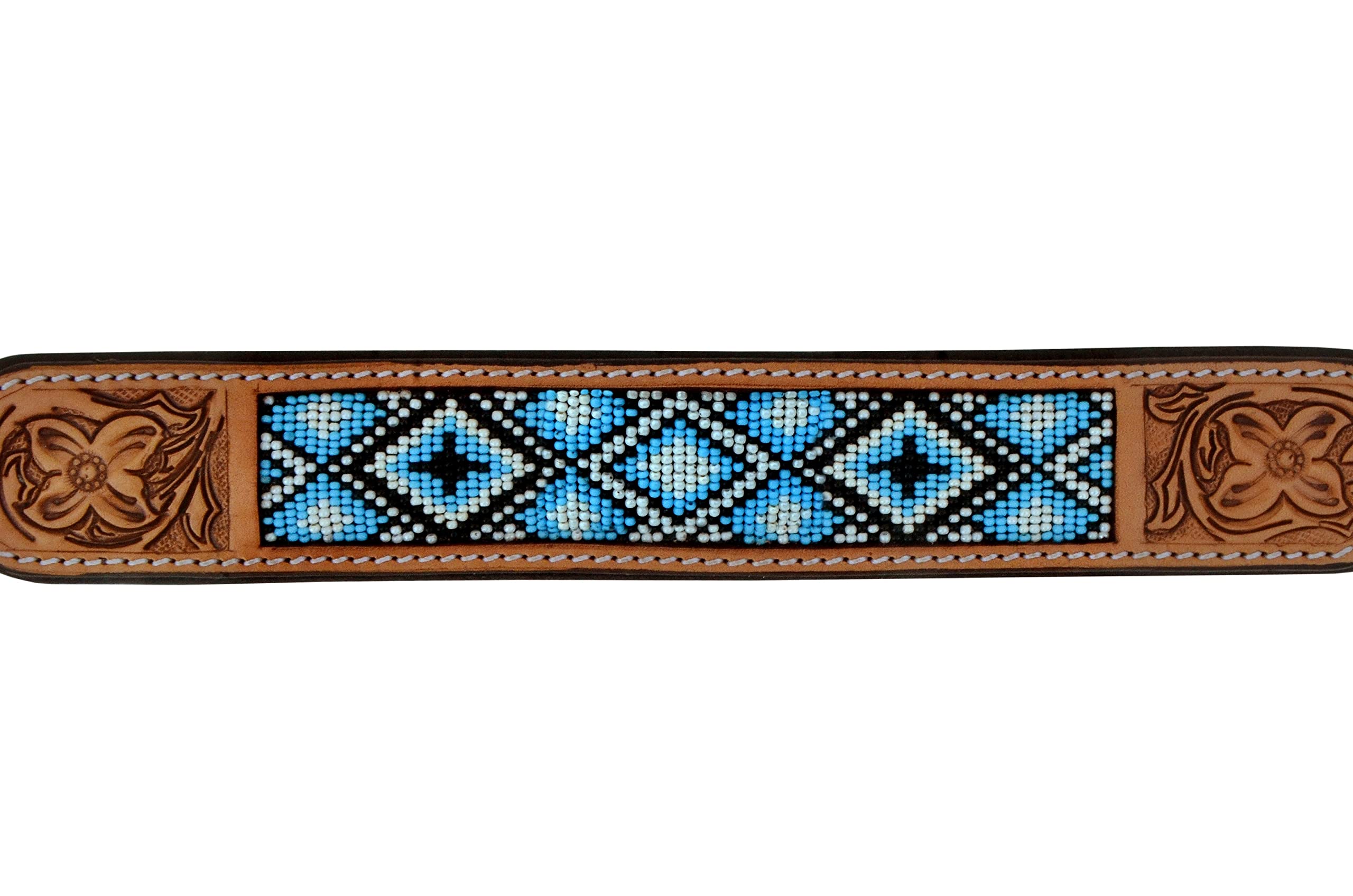 Western Style Leather Dog Collar - Heavy Duty Hand-Tooled Adjustable Beaded Padded Soft Collar for Puppies & Large Dogs (10AB020) - Perfect for Training, Walks & Outdoor Adventures