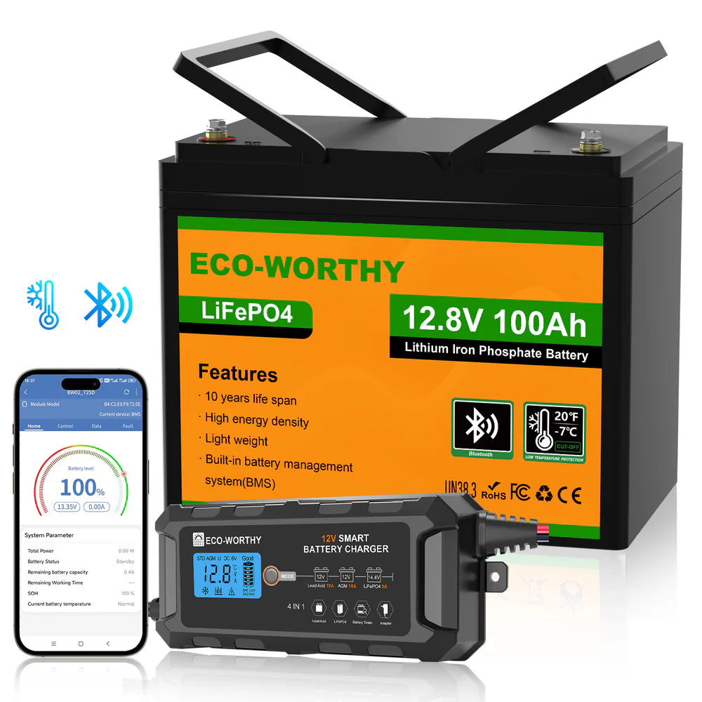 ECO WORTHY 12V 100Ah LiFePO4 Deep Cycle Battery with Bluetooth & Low Temp Protection - Perfect for Solar Power, RV, Marine & Off-Grid Applications